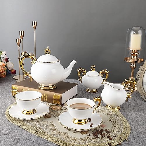 Miniatura 4 de fanquare Servicio de té de porcelana para 6, soporte de pastel de porcelana blanca, juego de té de cerámica para mujeres