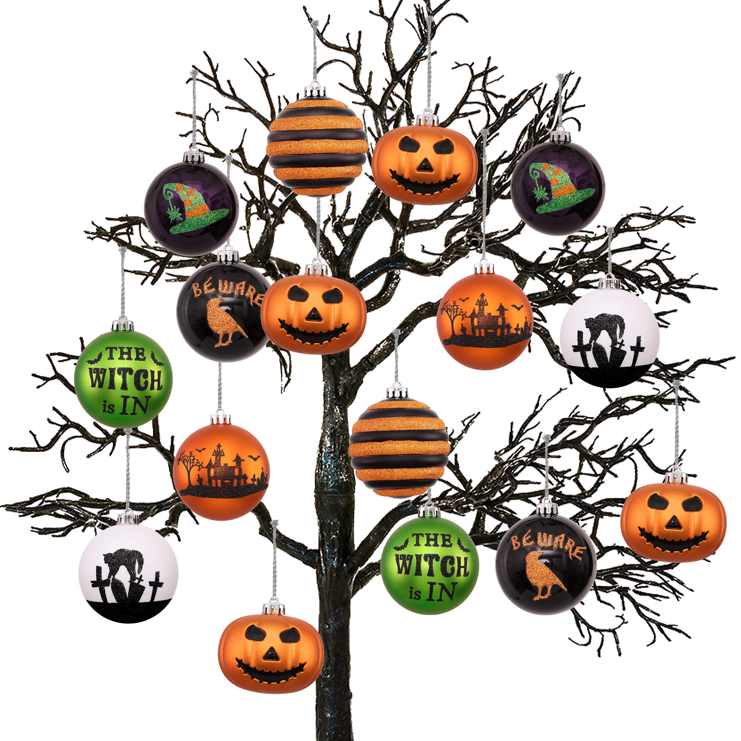 Valery Madelyn16pcs 8cm Halloween Decorations for Tree, 7 Design Large Baubles for Home Decor, Variety Bauble set with Pumpkins for Autumn Halloween Christmas Holiday Party Gift