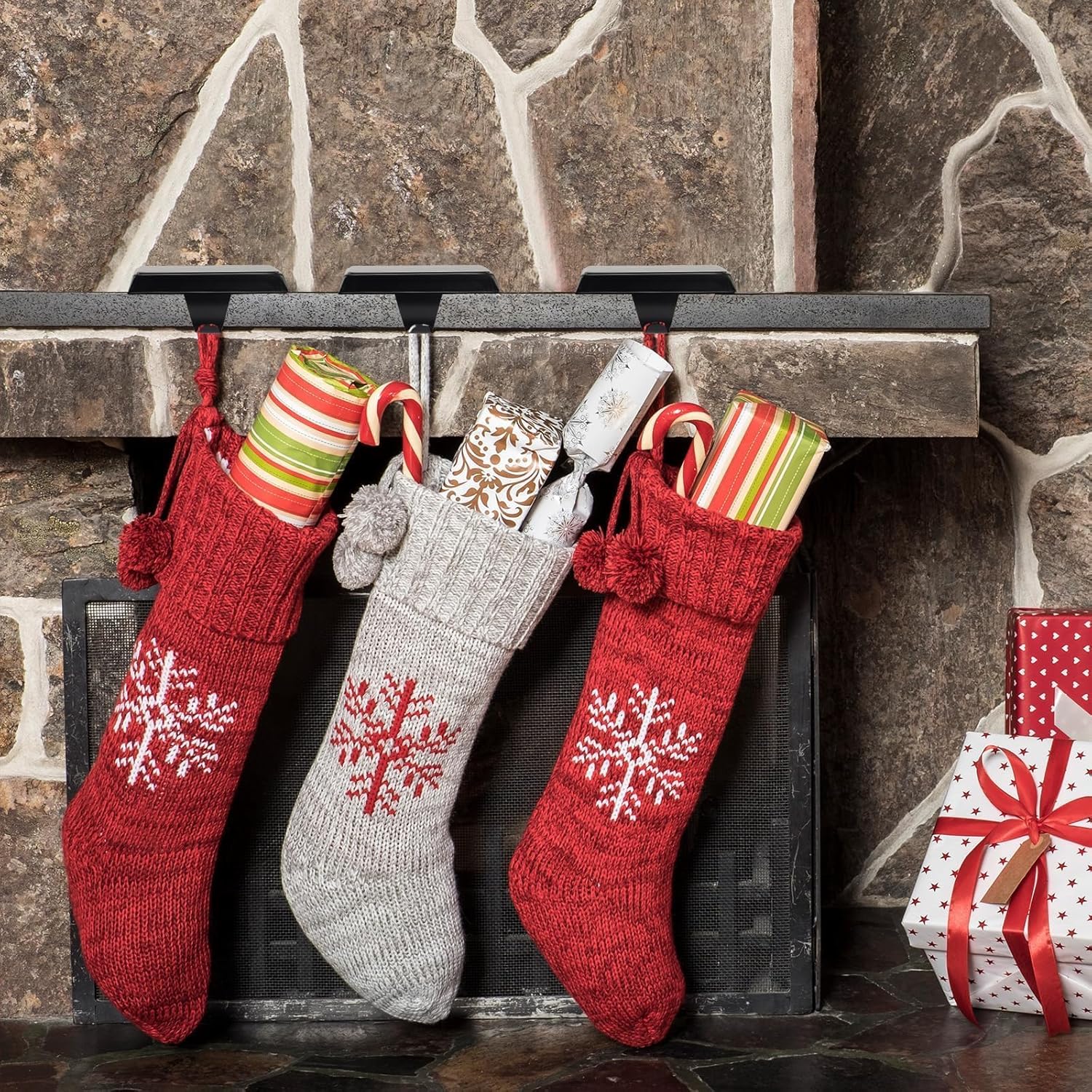 8 Pack Christmas Stocking Holders, Metal Mantel Hangers with Anti-Slip Base for Fireplace Decorations (Black-8)