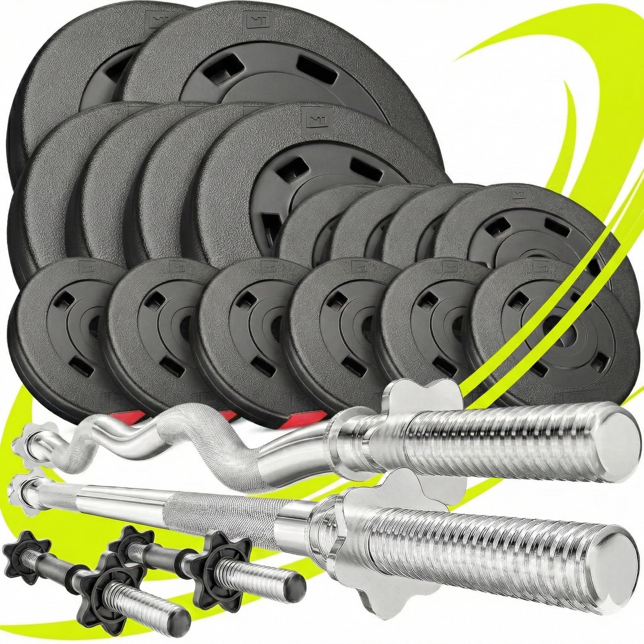 Hop-Sport Hantelset 35kg bis 75 kg: SZ-Stange 120 cm, Langhantel 167 cm, 2 Kurzhanteln 45 cm, Sternverschlüsse, Kunststoff Hantelscheiben 30 mm Bohrung, Max. Belastbarkeit 150 kg