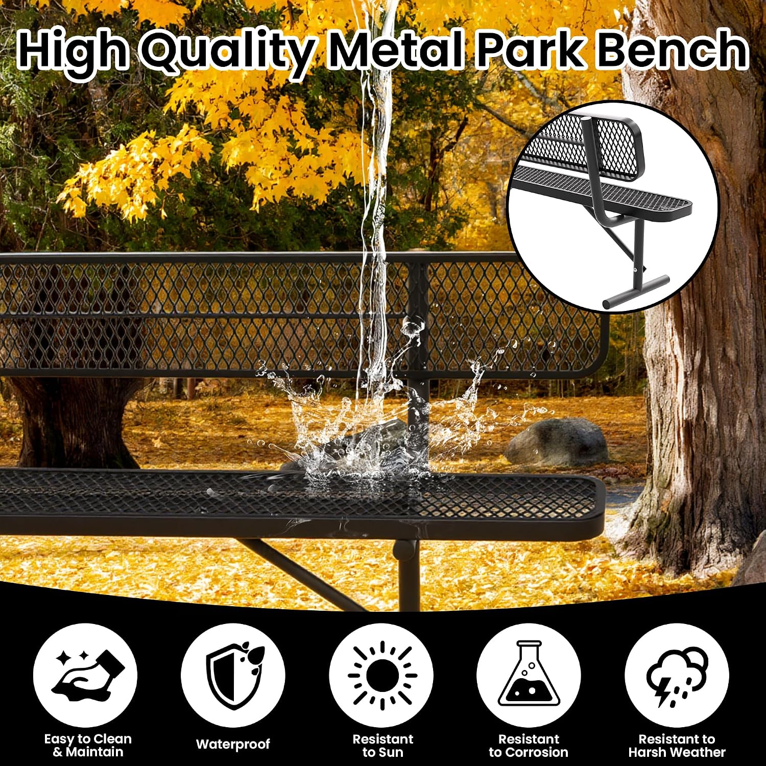 4 FT Heavy Duty Metal Park Bench for Outside, Outdoor Benches Weatherproof Black Bench with Backrest & Portable Frame, 1-3 Person Seat-Commercial Benches Garden Benches for Outdoors