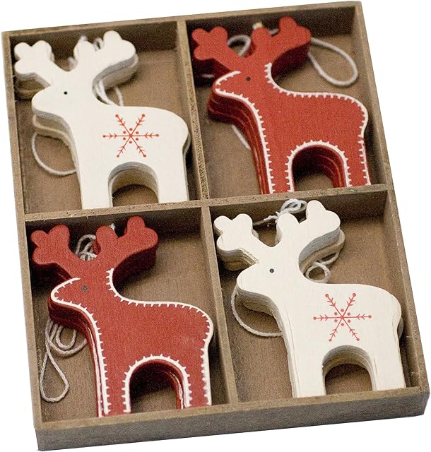 Set of 12 Red & Cream Reindeer Christmas Tree Decorations by Lights4fun
