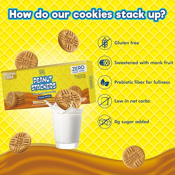 ChocZero Peanut Stackers, Sugar Free Peanut Butter Cookies, Gluten Free | No Sugar Alcohols, Keto, Low Carb, High Fiber, 24 Cookies