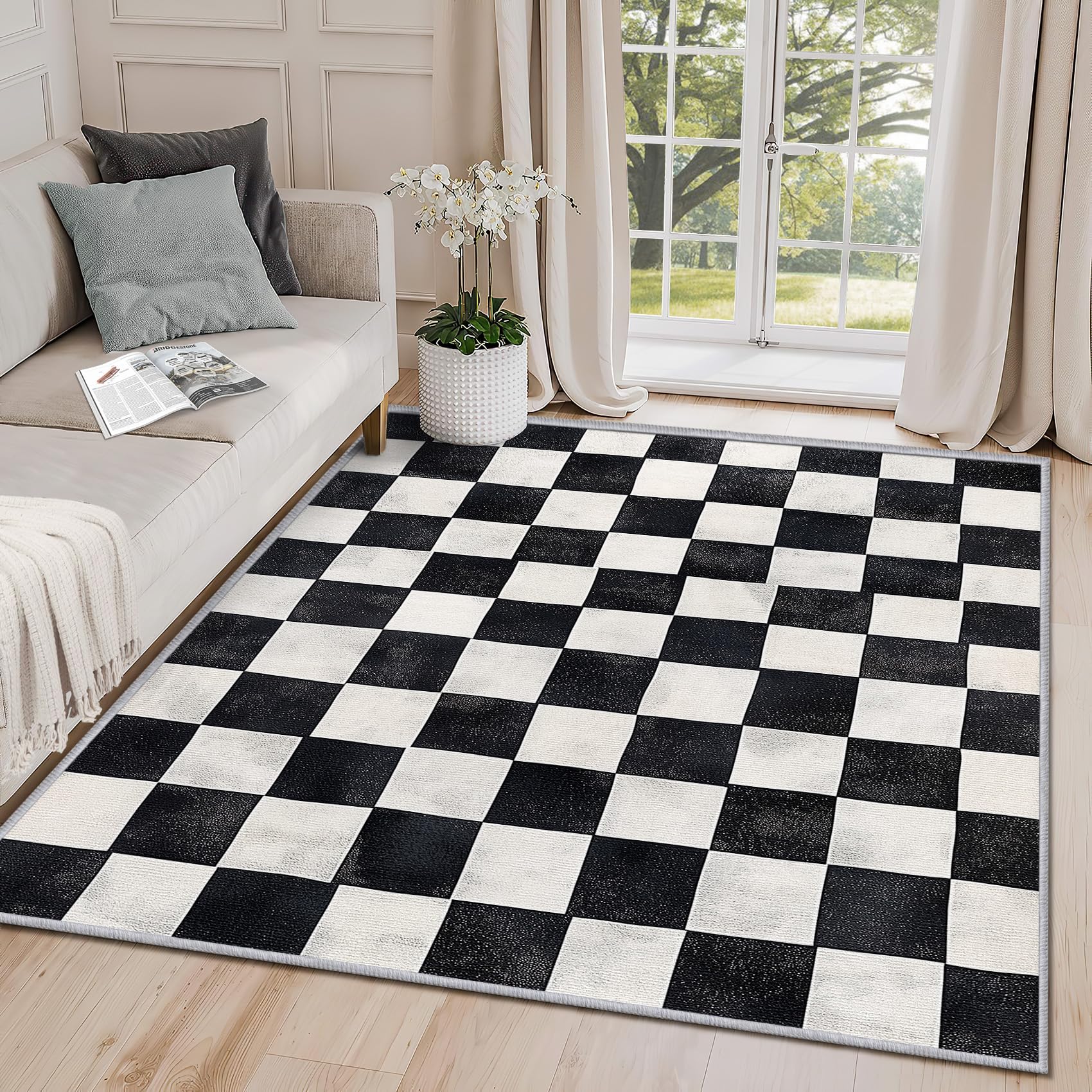 Clofmor Machine Washable Rug - Checkerboard Rugs for Living Room, Black and White Checkered Non Slip Low Pile Bedroom Carpet Home Decoration, 140x200cm, Grid