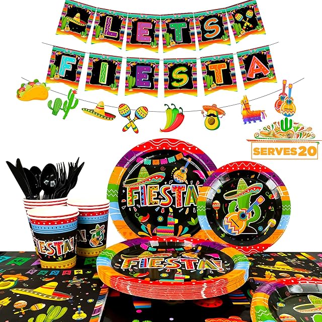 Mexican Party Decorations Supplies-161pcs Cinco De Mayo Plates and Napkins Sets Includes Cinco De Mayo Plates Napkins Cups and Mexian Fiesta Banner Bunting etc Fiesta Party Decor, Serves 20