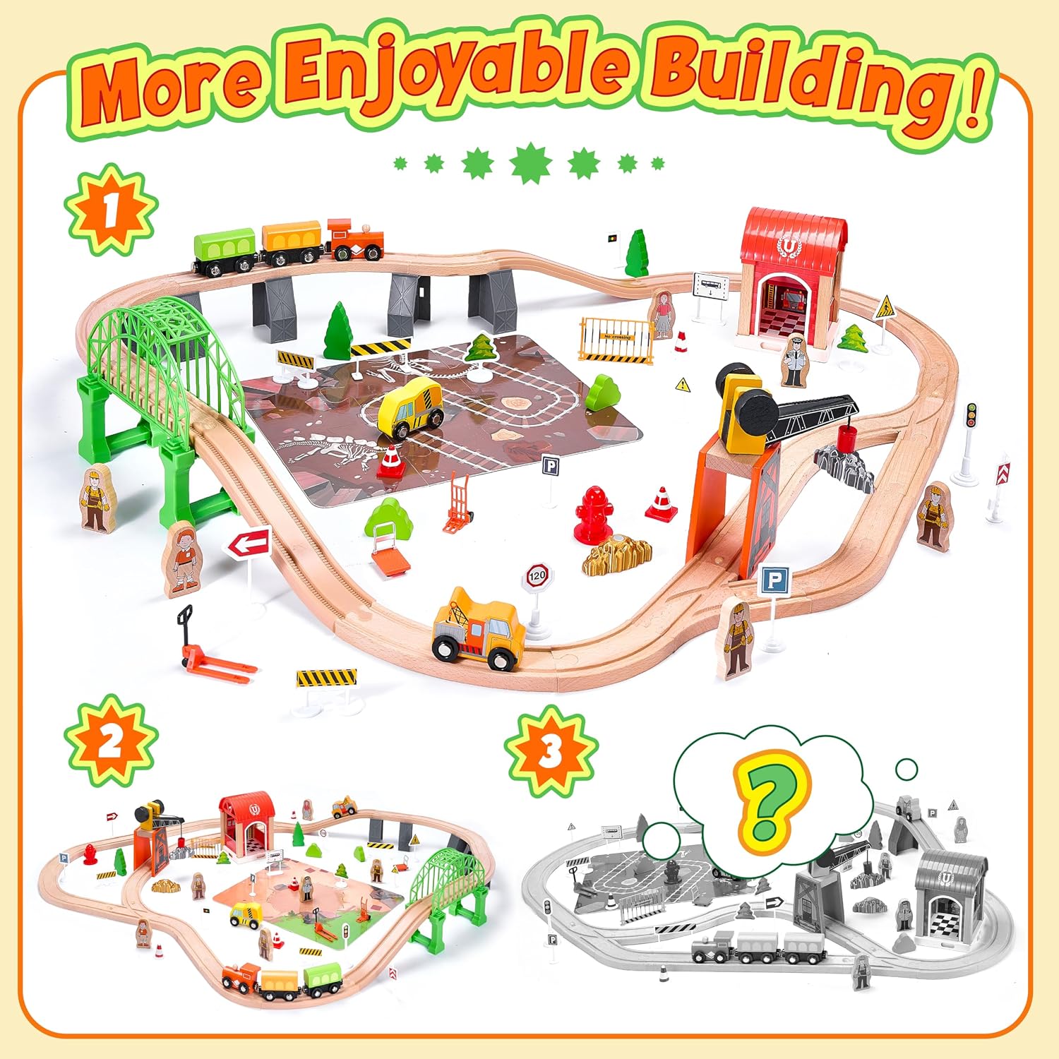 Wooden Train Set 102-Piece for Toddlers Kids Ages 3-8, Double-Sided Expandable Train Track with Puzzles & Magnetic Crane Toys, STEM Railway Playset Gifts Compatible with Major Brands for Boys Girls