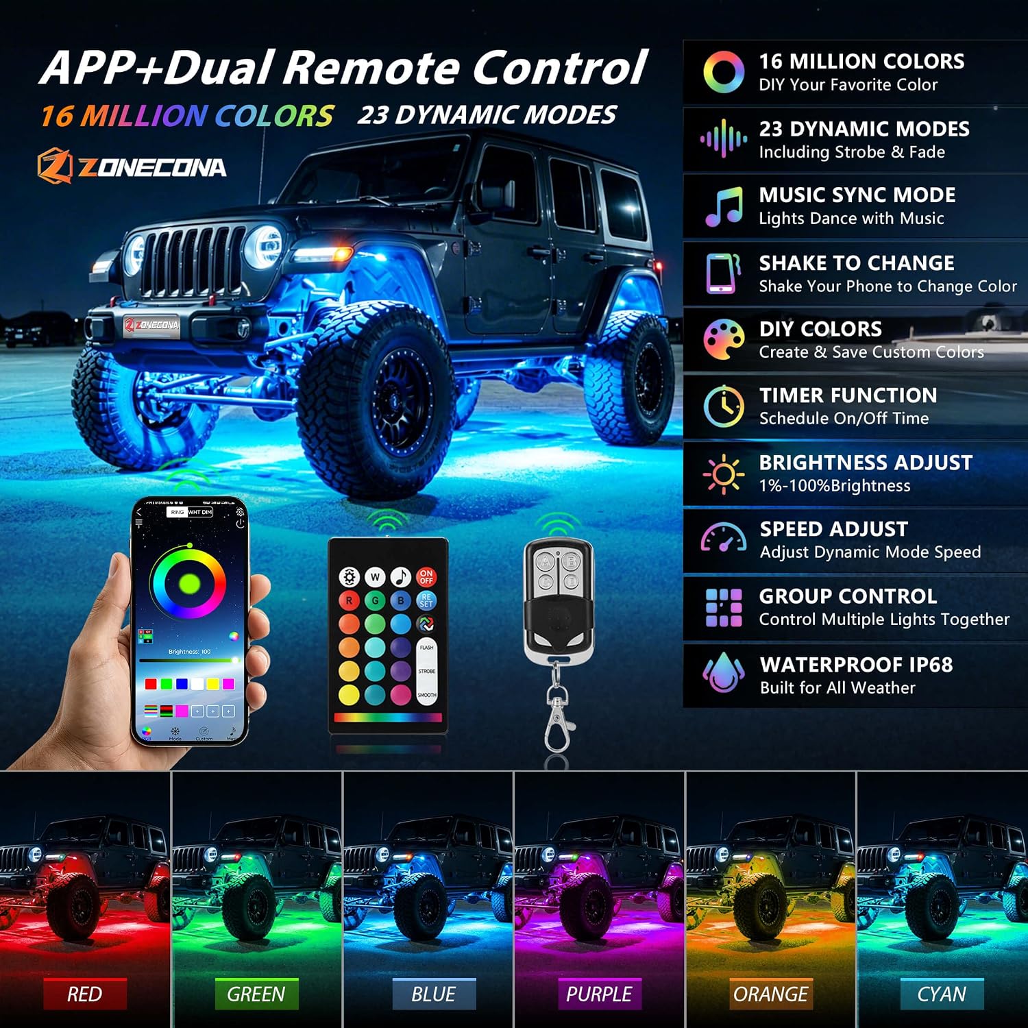 6Pods RGB LED Rock Lights Kit Multicolor Changing Underglow Accent