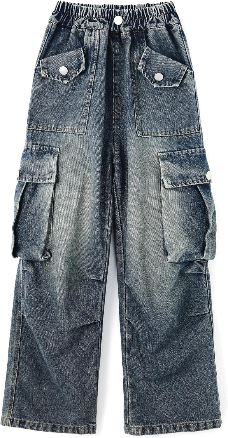 KIDSCOOL SPACE Girls Cargo Jeans 7-13Y, Wide Leg Ribbed Waist Denim Pants with 4 Flap Pockets