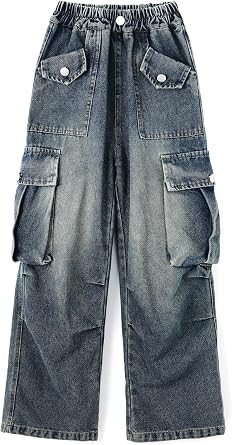 KIDSCOOL SPACE Girls Cargo Jeans 7-13Y, Wide Leg Ribbed Waist Denim Pants with 4 Flap Pockets