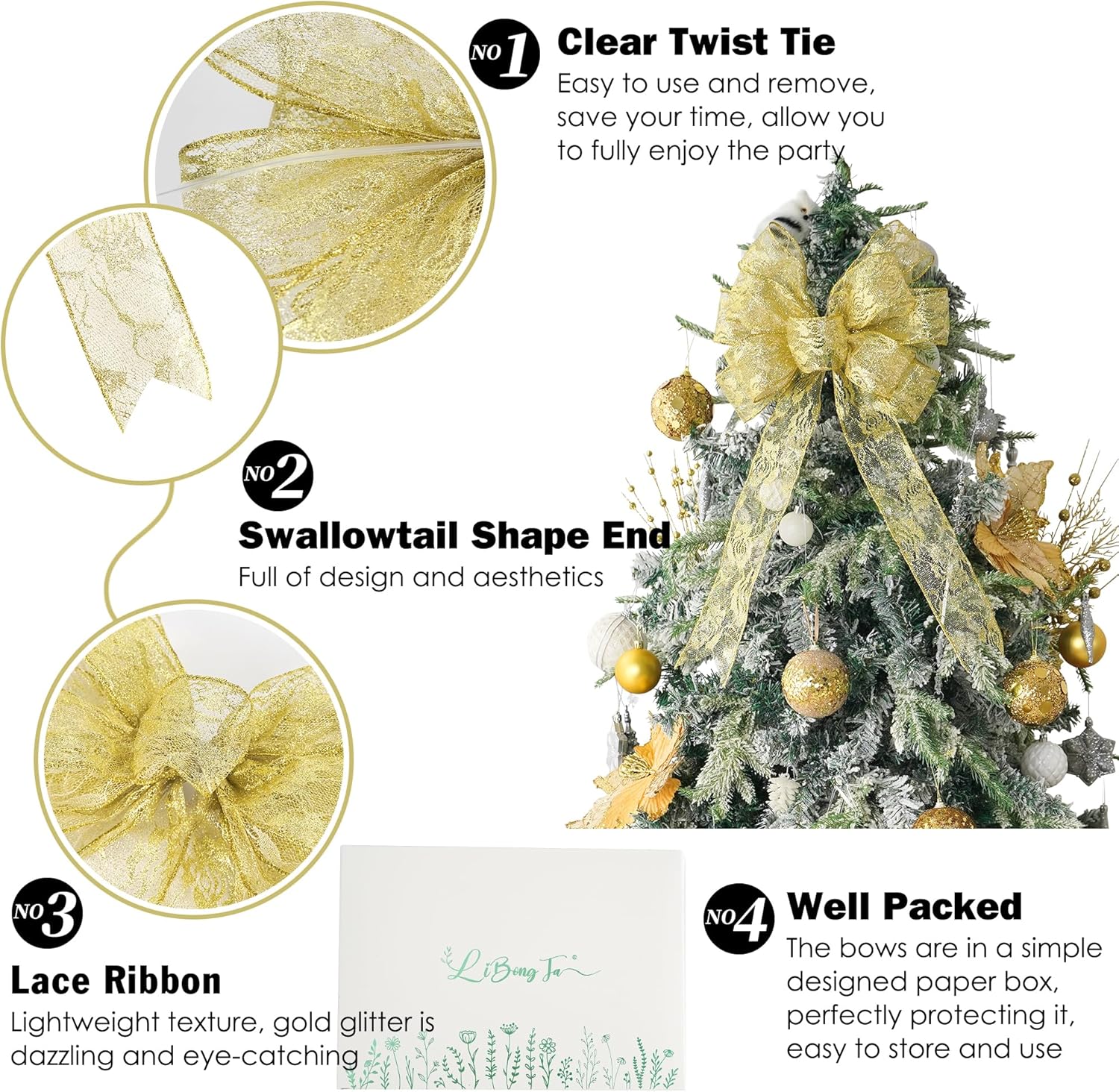 13" x 20'' Gold Lace Bows Wired Edge Valentine Tree Topper Bow, Glitter Bow Party Decorations, Premade Metallic Bows with Twist Tie, Large Gift Bow for Outdoor Wreath, Wedding-2 PCs - Image 3