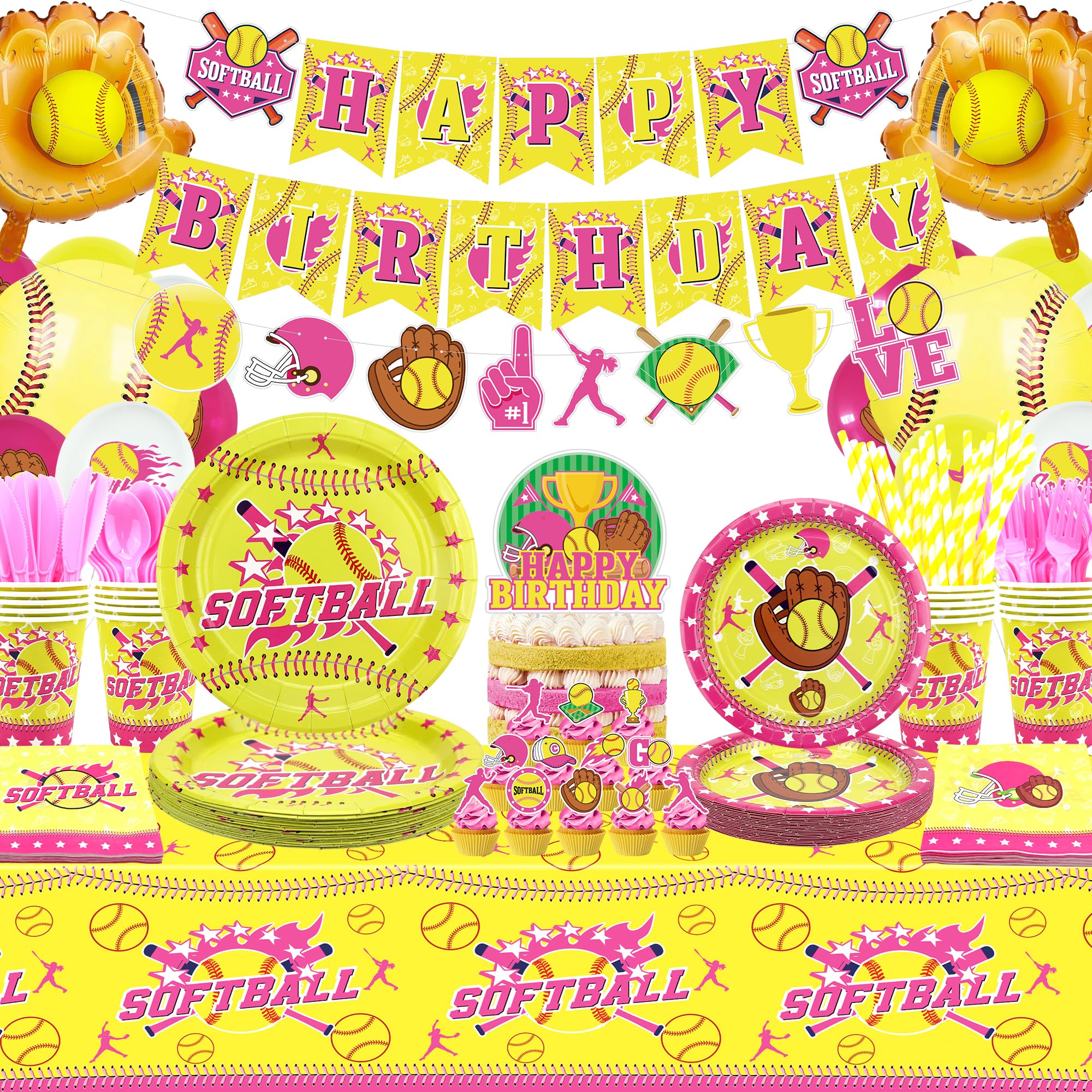 KEFAN Softball Birthday Decorations - Softball Theme Tableware Supplies including HAPPY BIRTHDAY Banner, Plates, Cups, Napkins, Tablecloth, Balloons for Girls Birthday Party