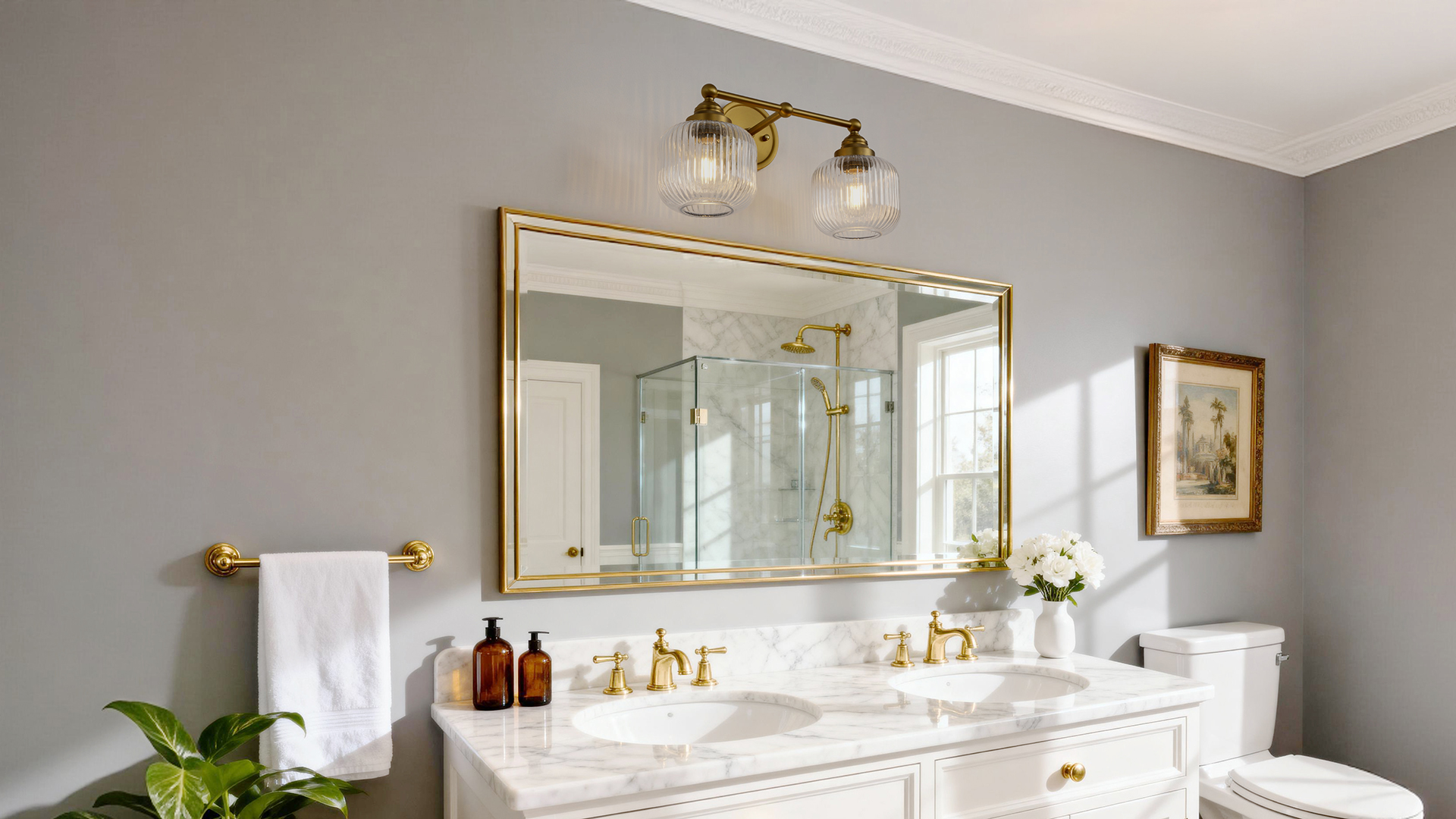 Image of Vintage 2-Lights Clear Ribbed Glass Wall Sconce Lighting | Brass Finished Double Head Bathroom Vanity Light Fixture for Bedroom Living Room Dining Room Hallway E26 Edison Screw