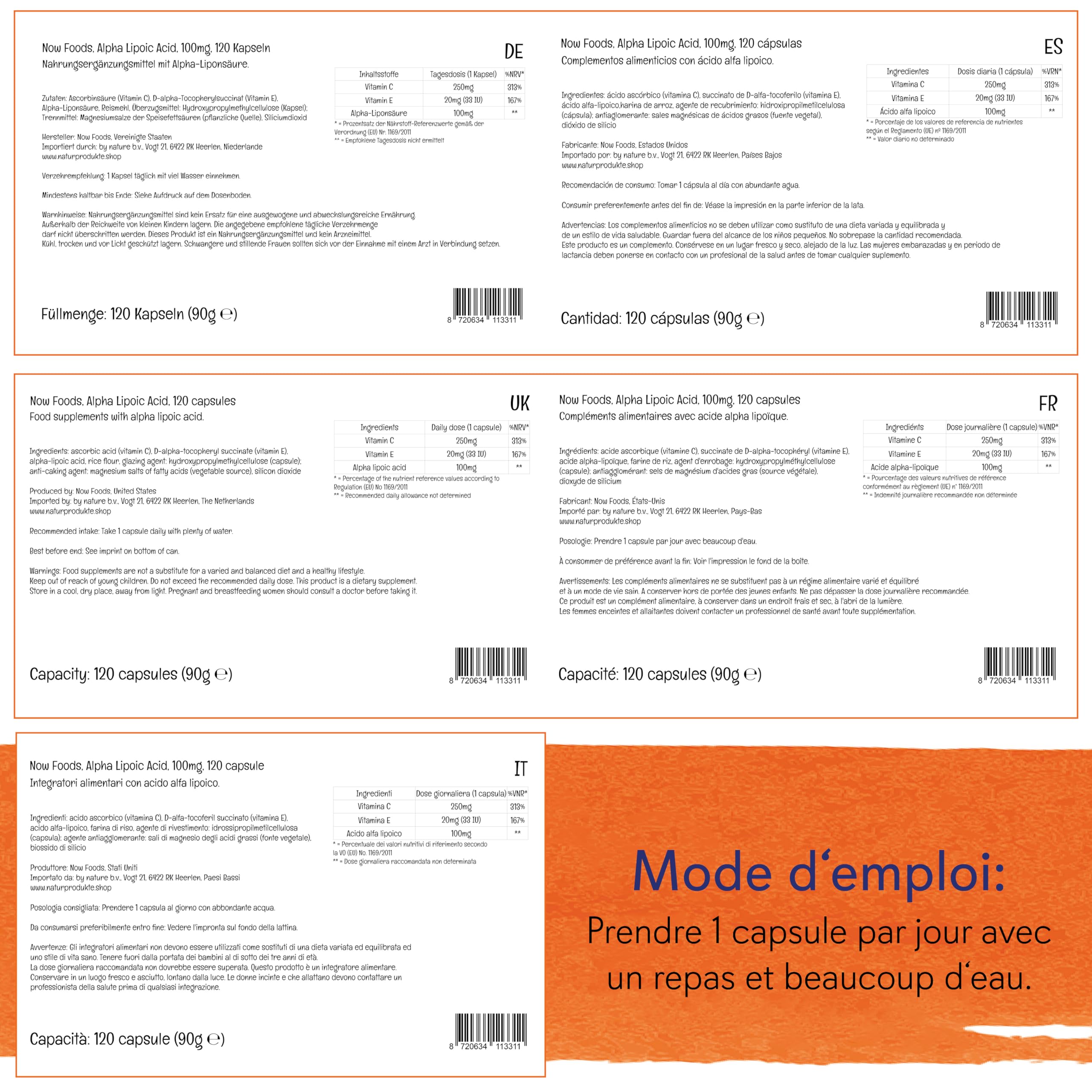 Now Foods, Alpha-Lipoic Acid (Acide Alpha-Lipoïque), 100mg, 120 Capsules végétaliennes, Testé en Laboratoire, Sans Gluten, Sans Soja, Sans OGM