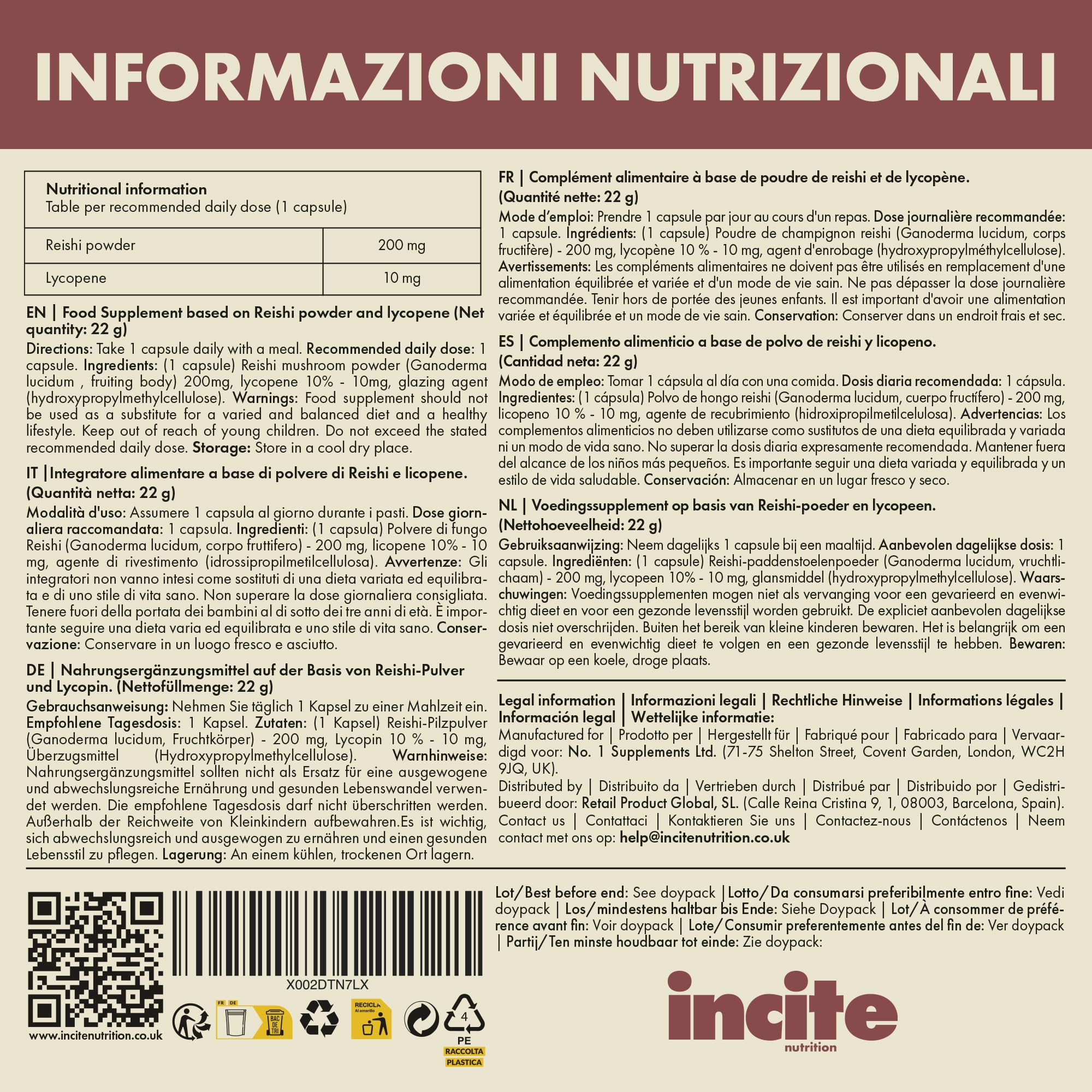 Incite Nutrition Reishi + Licopene Complex – 60 capsule vegane | Supporto immunitario e antiossidante | Polvere di reishi (Ganoderma lucidum) e licopene al 10% | Senza conservanti