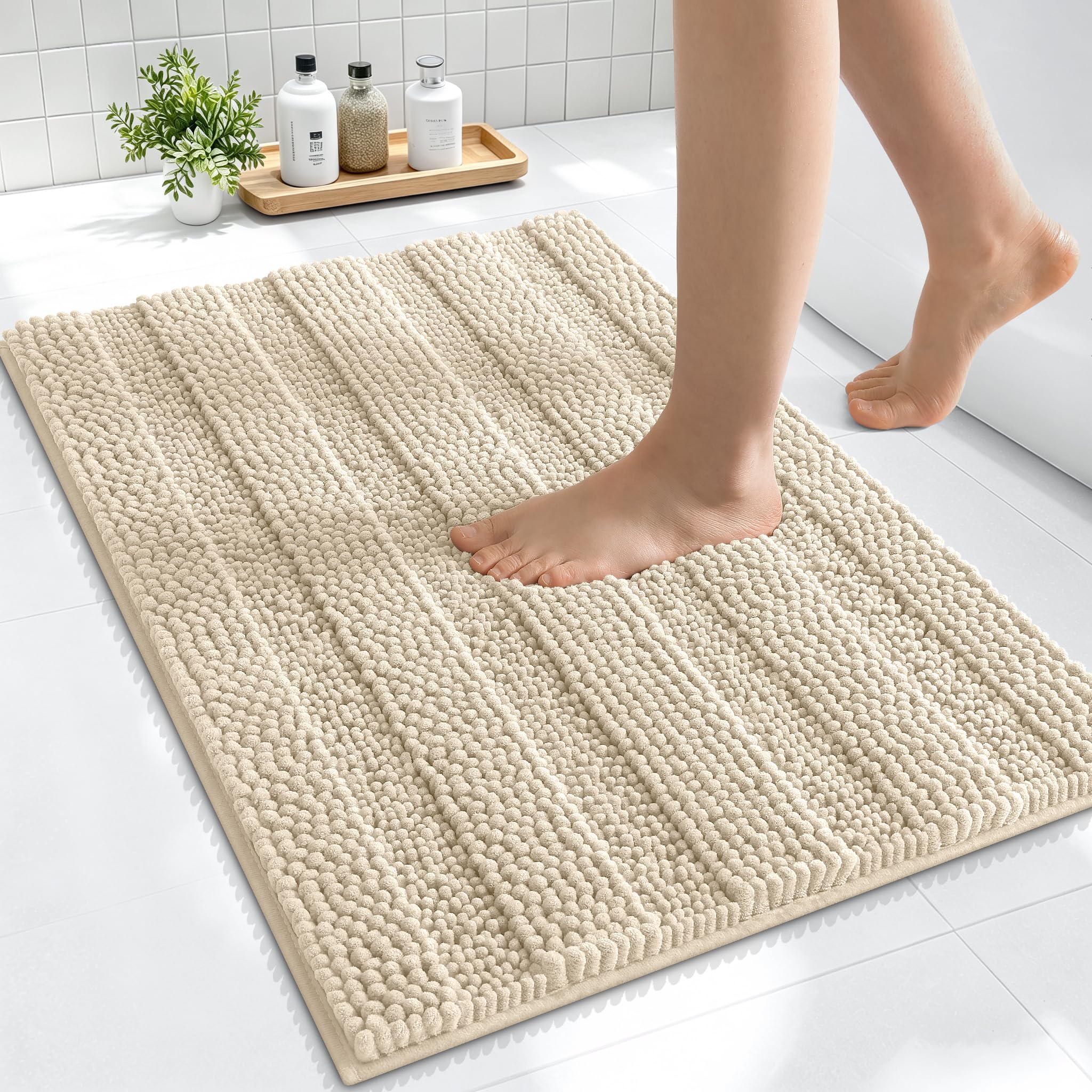 Smiry Thick Small Chenille Bathroom Rugs 24x16, Absorbent Bath Mat, Sand