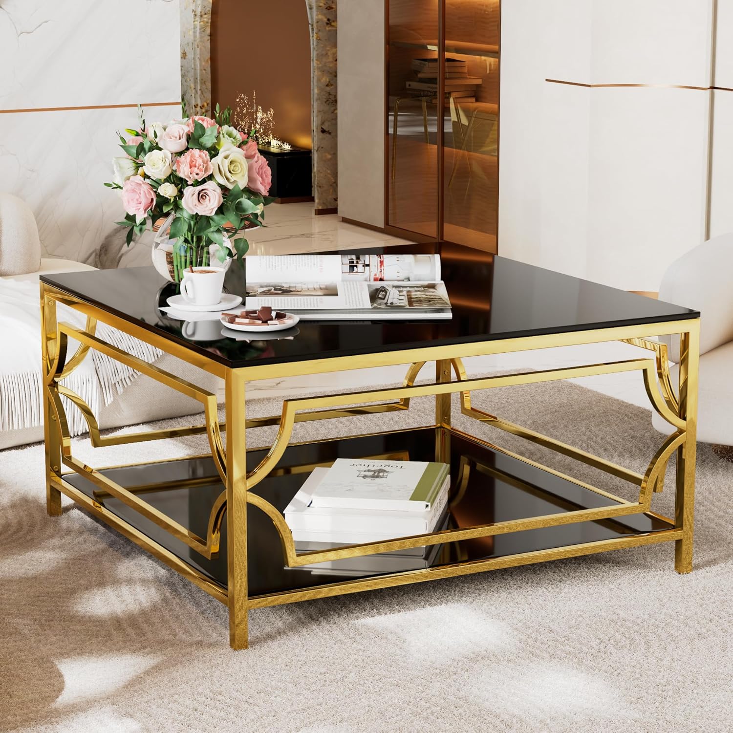 Square Glass Coffee Table in 33.5",Luxurious Geometric Metal Frame,Gold Finish & Lower Shelf, Black