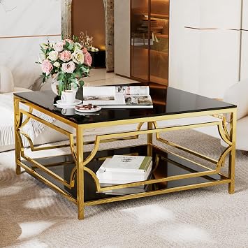 Modern Square Coffee Table with Black Glass Top, Luxury 2-Tier Coffee Center Table Gold Finish Frame Accent Sofa Tables for Living Room Apartment Gold & Black