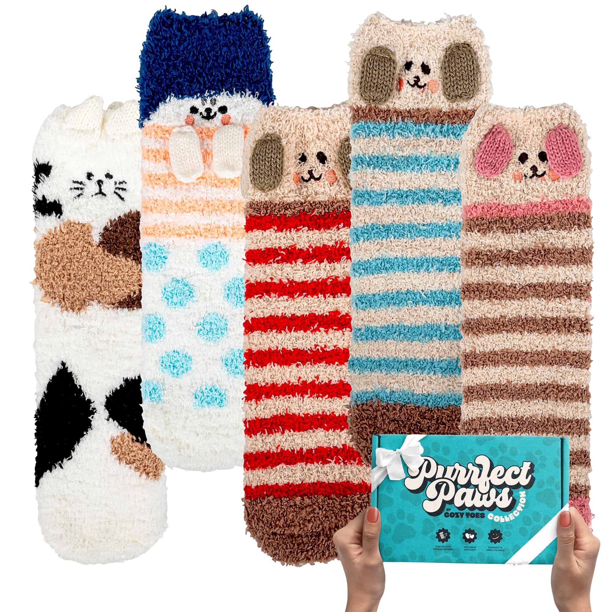 Cozy Toes Women's Patchy Paws 5 Pairs Warm Fluffy Cat Socks For 4-7 With A Gift Package - Girls Fluffy Socks With Cute Pattern | Perfect Stocking Fillers For Teenage Girls | Cat Christmas Gifts For