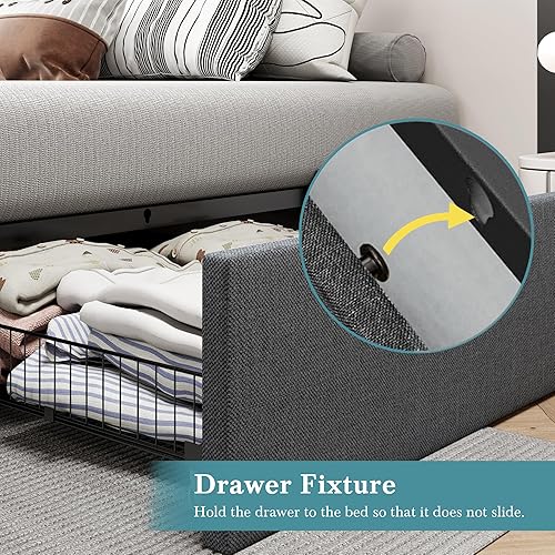 Miniatura 4 de HOOMIC Base de cama tapizada de plataforma completa con 3 cajones de almacenamiento, diseño de cabecera fija, listones de madera, no necesita Gris