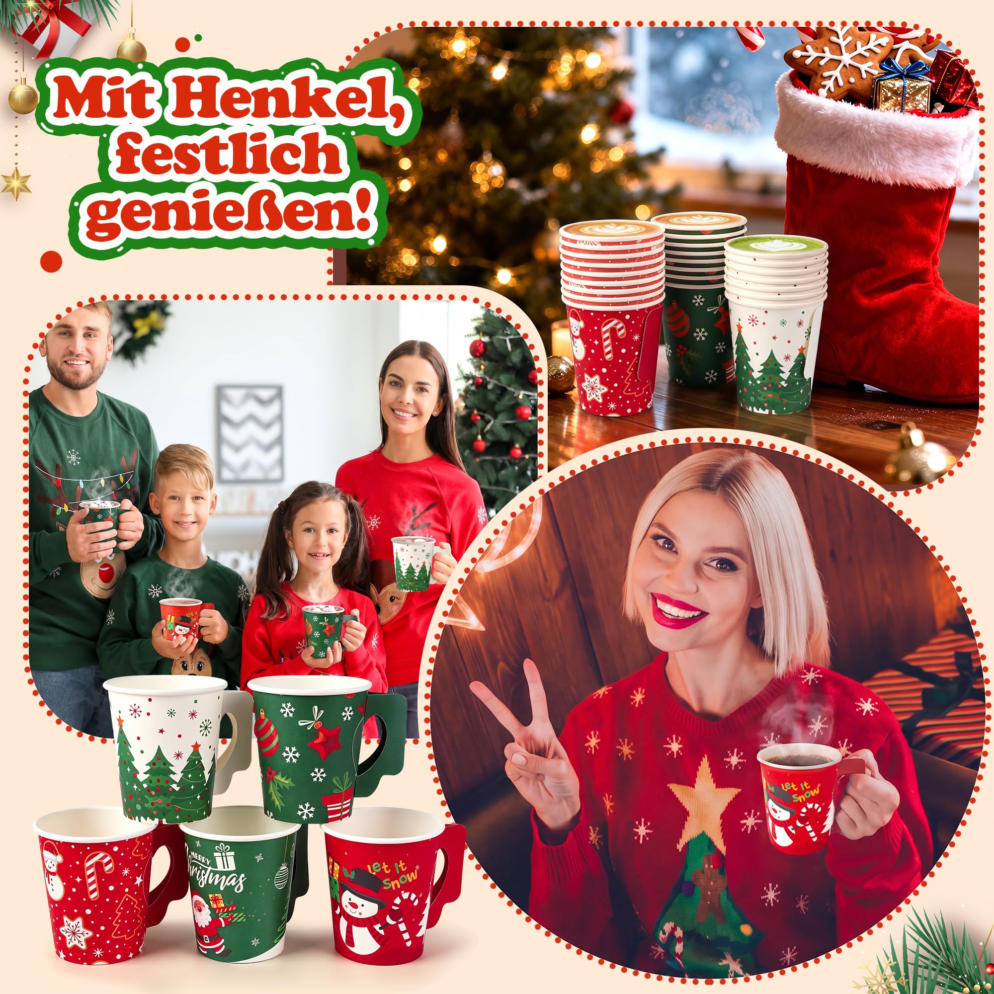 Aodaer 200 Stück 8oz Weihnachts-Pappbecher mit Henkel