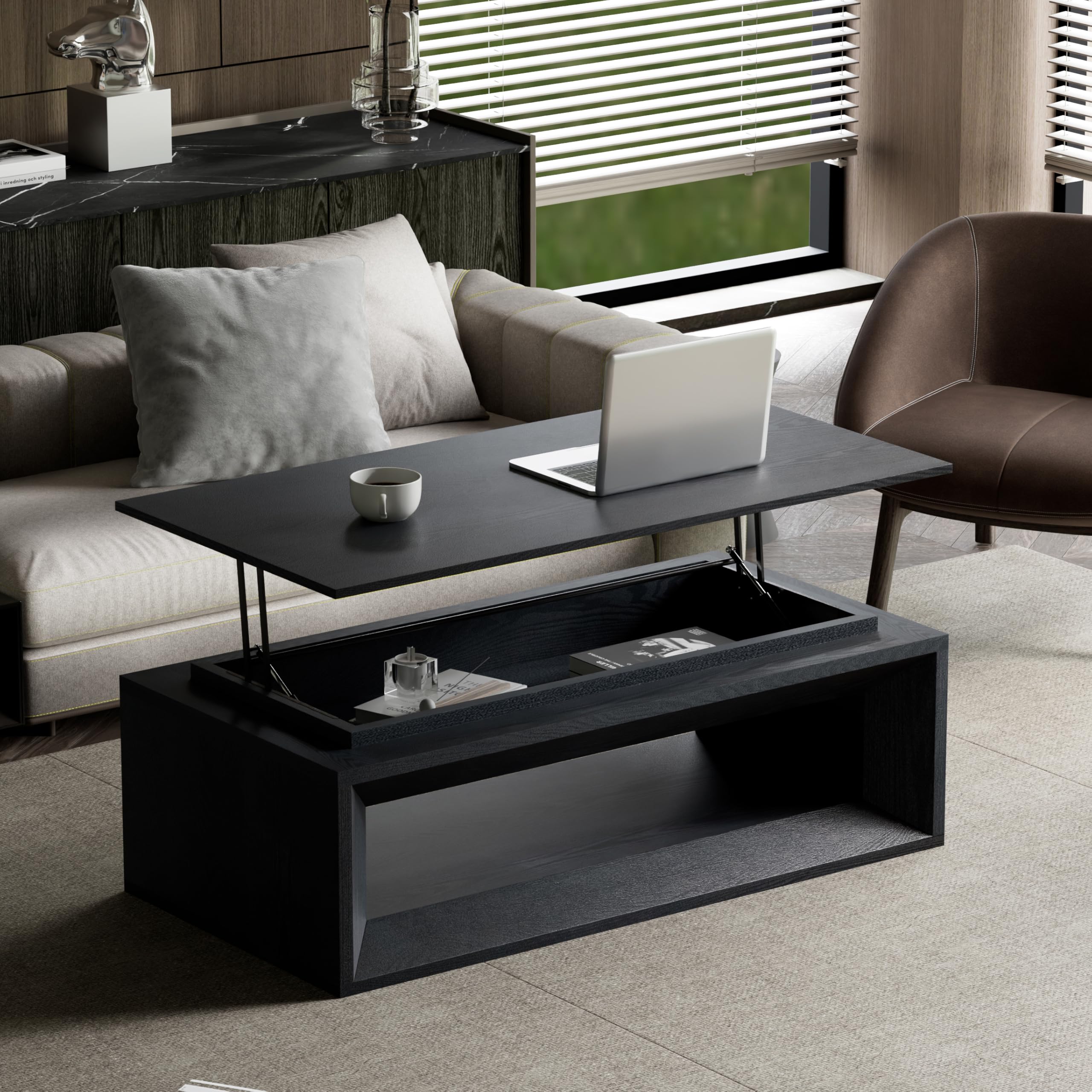 Photo 1 of ** MINOR CHIP DAMAGE **KEIKI 43.3" Lift-Top Coffee Table with Hydraulic Storage, Converts to Desk or Dining Table, Hidden Compartment, Open Shelf, Multifunctional Small Coffee Table for Living Room, Office, Black