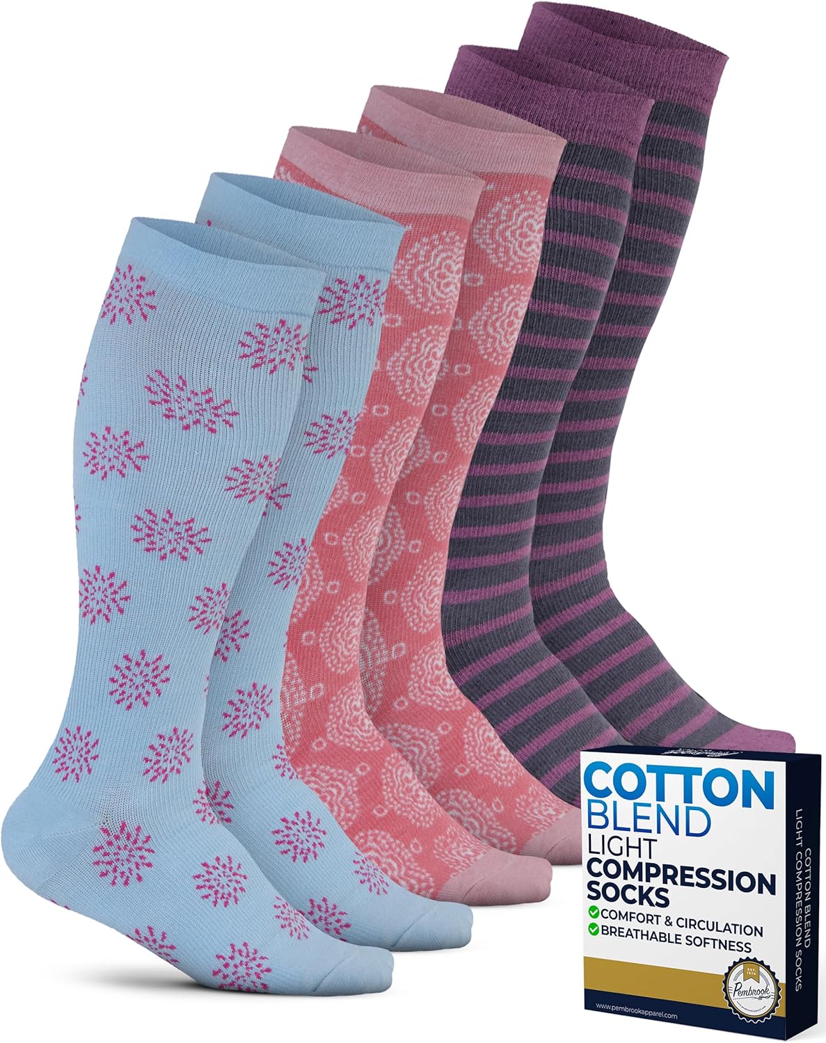 Pembrook Light Compression Socks for Women & Men - 3 Pairs | 8-15 mmHg Cotton Compression Socks Women, Knee High Comfort