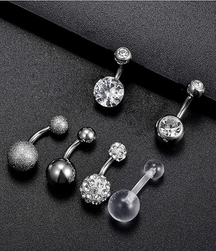 Miniatura 4 de 6 piercings para ombligo de acero inoxidable de 14G, barra de circonita cúbica, piercing para el cuerpo, para mujeres y niñas, 0.236 in, plateado,