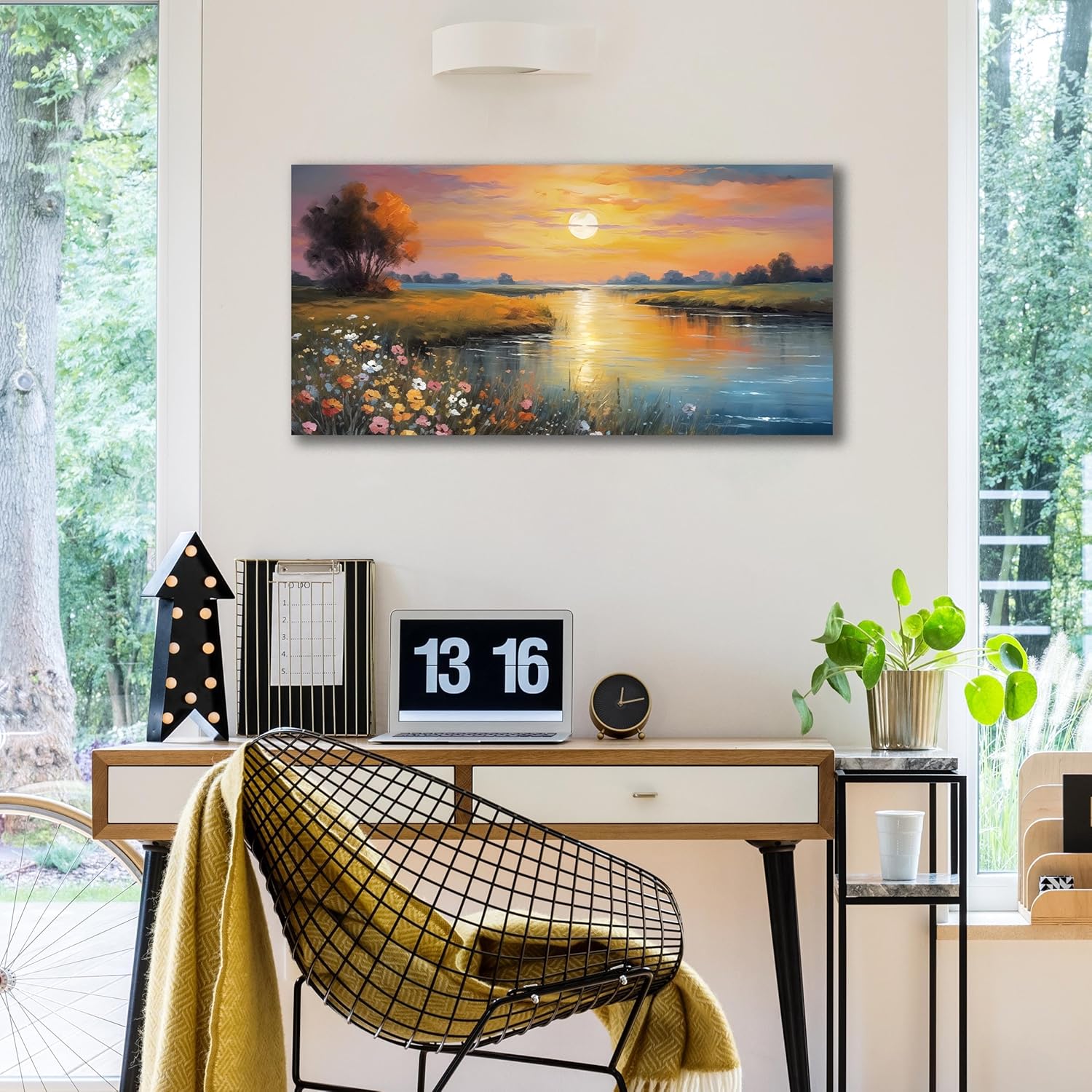 Orange Yellow Sunset Lake Landscape Canvas Wall Art with Vibrant Colorful Wildflowers & Distant Mountain, Serene Nature Scene Picture Print Painting Artwork for Living Room Bedroom Decor 40x20 Inches