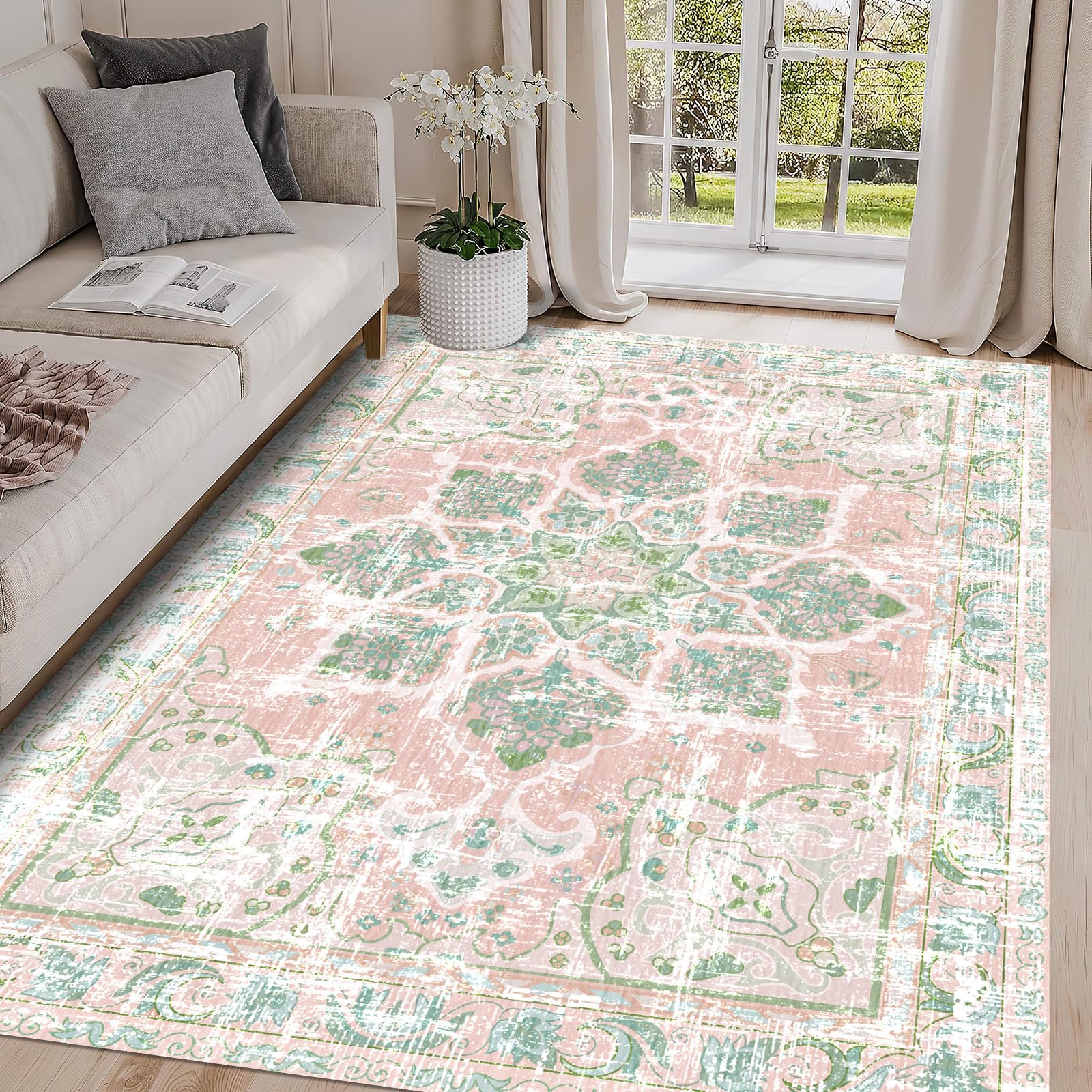 Tapis bohème moderne vintage rose 140x260 lavable neutre grand salon chambre
