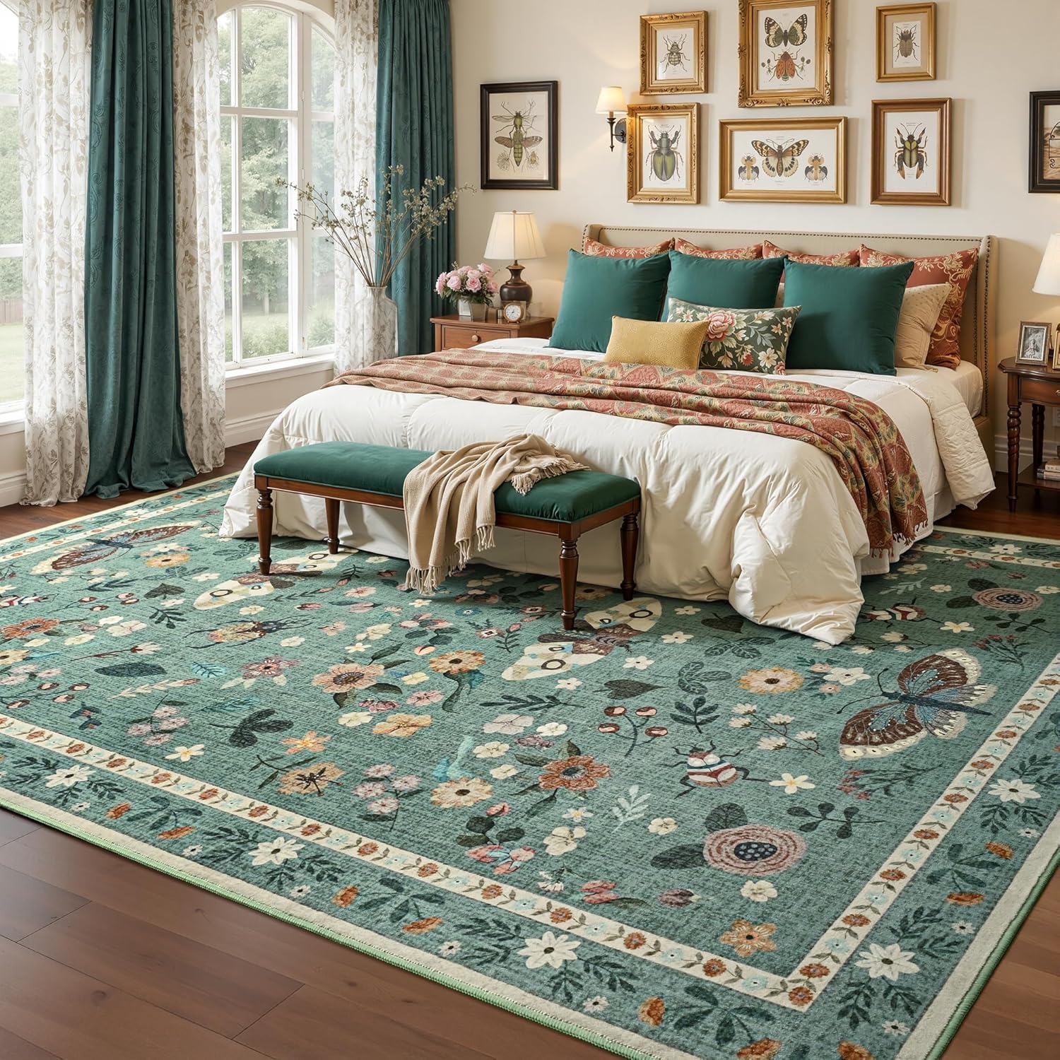 Foxmas Washable Area Rugs for Living Room, 6x9 Non-Slip Butterfly Floral Print Throw Rug, Low Pile Modern Indoor Floor Rug, Carpet for Bedroom Dining Room Laundry Room Kitchen Home Office，Light Green