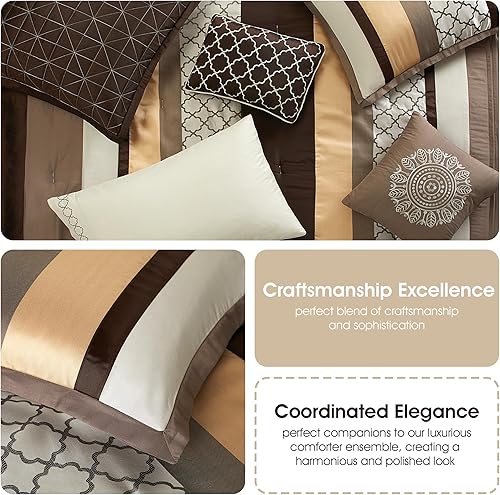 Miniatura 5 de Grand Avenue Juego de colcha con relleno de color marrón de tamaño King, 16 piezas, ligero, microfibra, muy suave, jacquard, diseño de rayas, sábana