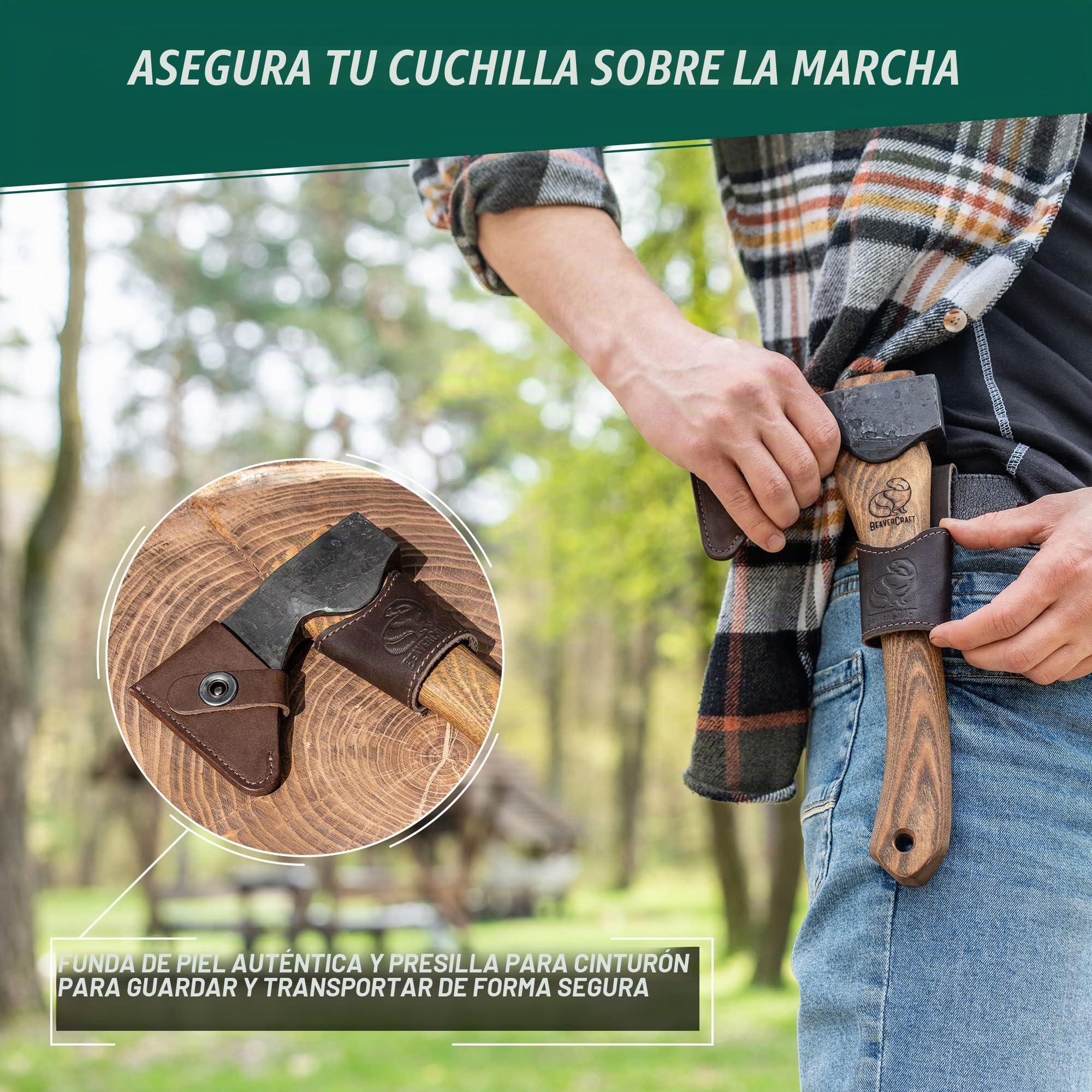 BeaverCraft Hacha de Tallado en Madera AX1 con Funda – Hacha Forjada Bushcraft para Camping – Hacha Pequeña de Bosque para Cortar y Partir – Herramienta de Jardinería con Mango de Madera