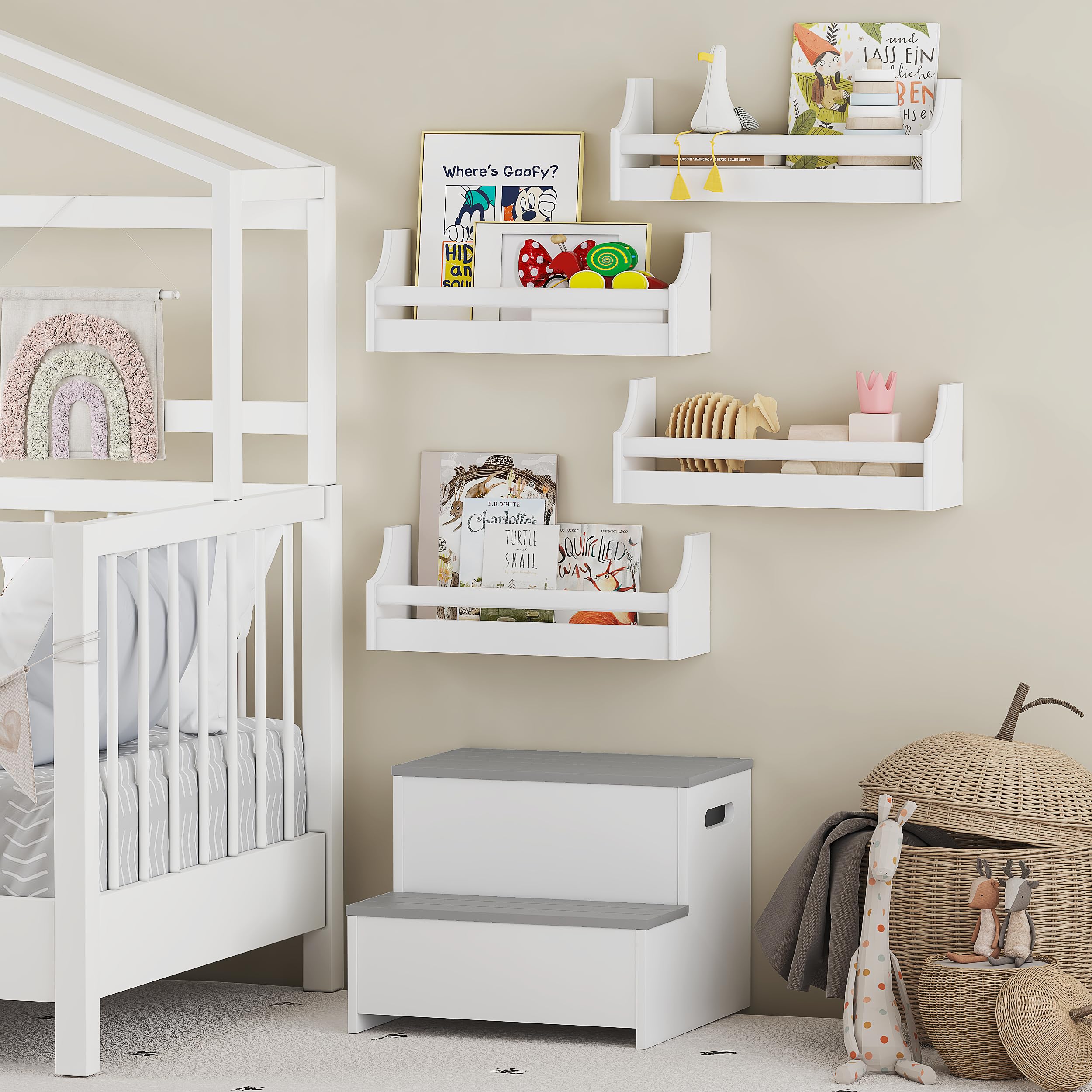 Floating Nursery Book Shelves For Wall Set Of 4+2, Wall Bookshelf For