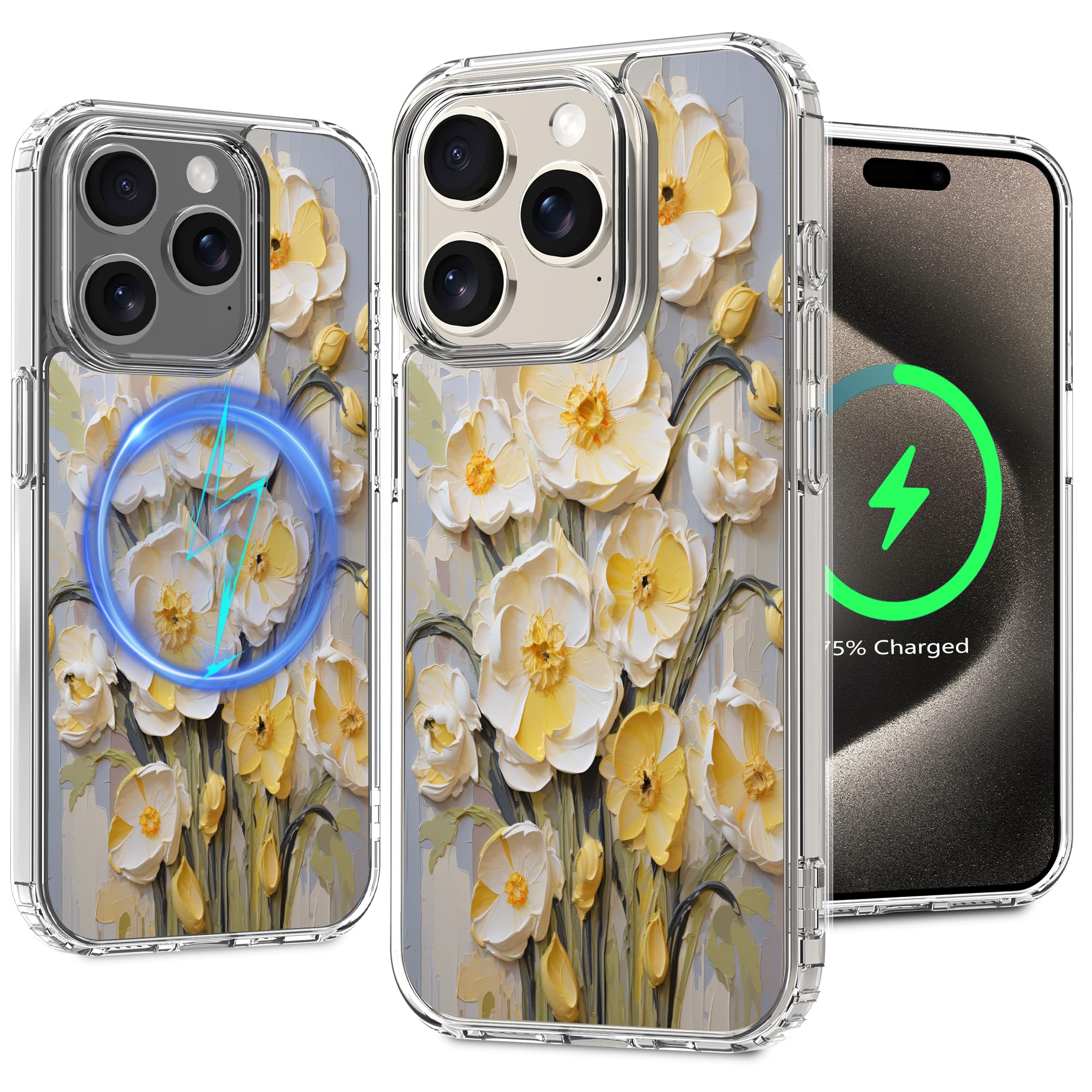 LORYVAN Magnetic Clear Case for iPhone 15 Pro Max, Floral Pattern Design for Women Girls Slim Shockproof Flower Protective Bumper Non-Yellow MagSafe Case, 6.7” (Pic 22)