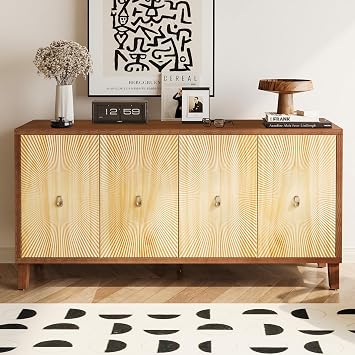 Vintage 4-Door Storage Cabinet, Carved Scatter Pattern Buffet Sideboard, Adjustable Shelves, Multifunctional Accent Cabinet for Living Room, Dining Room, Office Brown