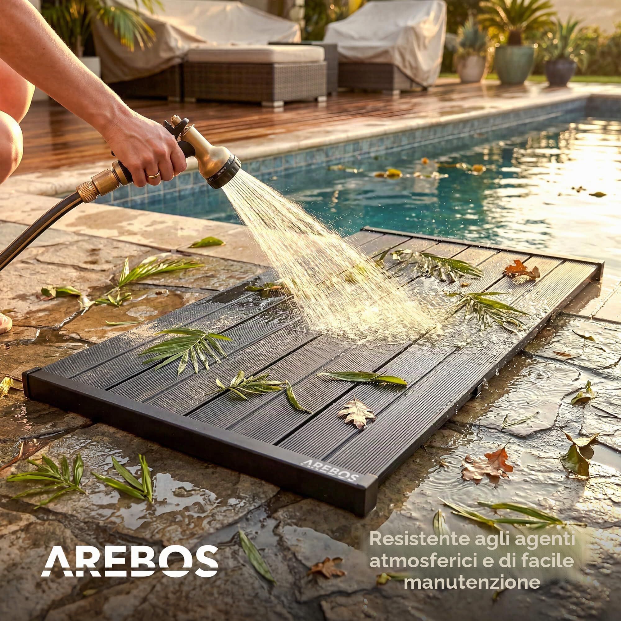 AREBOS Elemento da Pavimento per Doccia da Giardino | Antiscivolo e Impermeabile | Piastra in PVC | Compatibile con Viti | Resistente alle intemperie e Stabile | Ideale per Doccia Solare, terrazzo