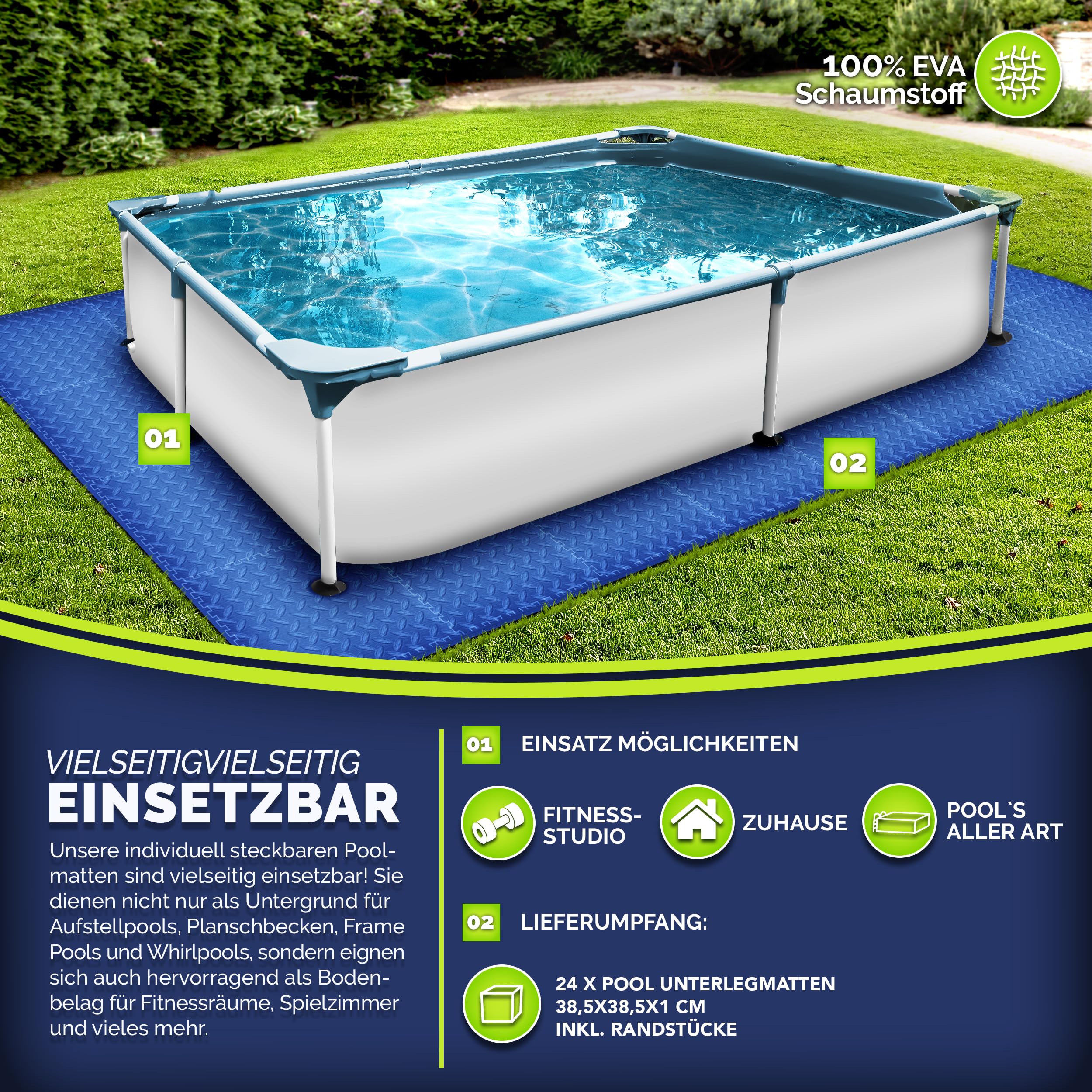 tillvex® Set di 24 tappetini protettivi per piscina | Tappetino sotto il piano per piscina e vasca gonfiabile | Tappetino per piscina e per esterni | Tappetini per protezione del pavimento e