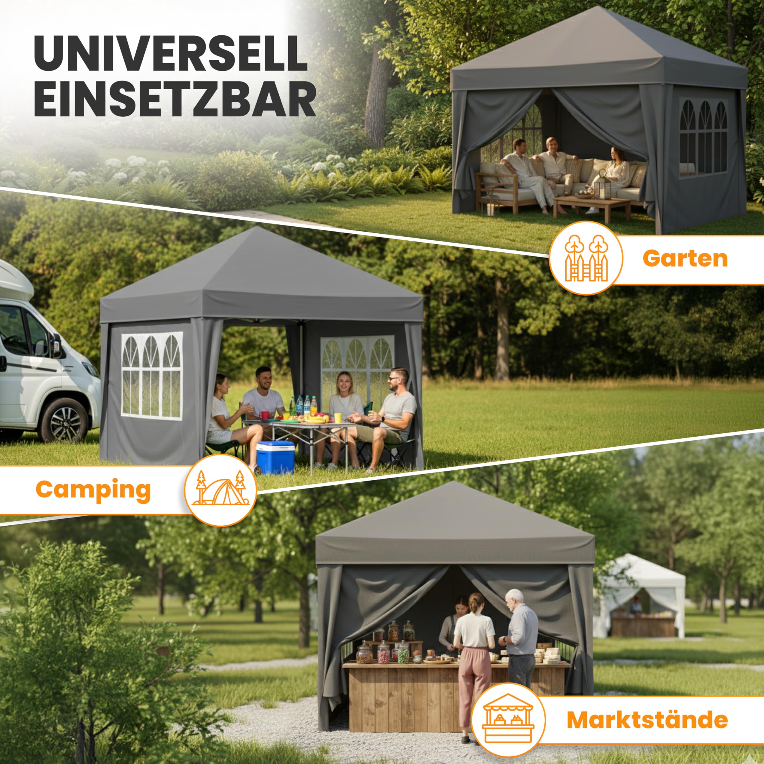 NATURIZ® Pavillon 3x3 Wasserdicht Stabil Hochwertig mit UV 50+ Schutz - Faltpavillon mit Seitenwänden - Pop Up Zelt für Garten, Camping, Märkte - Gartenpavillon (Grau, 3x3m)