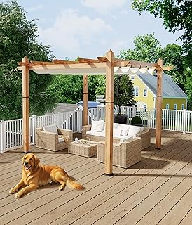 GarveeLife 10 x 10 ft Wood-Grain Aluminum Pergola Outdoor Pergola with Retractable Canopy Sun Shade Shelter for Garden, Patio, Backyard, Deck - Beige