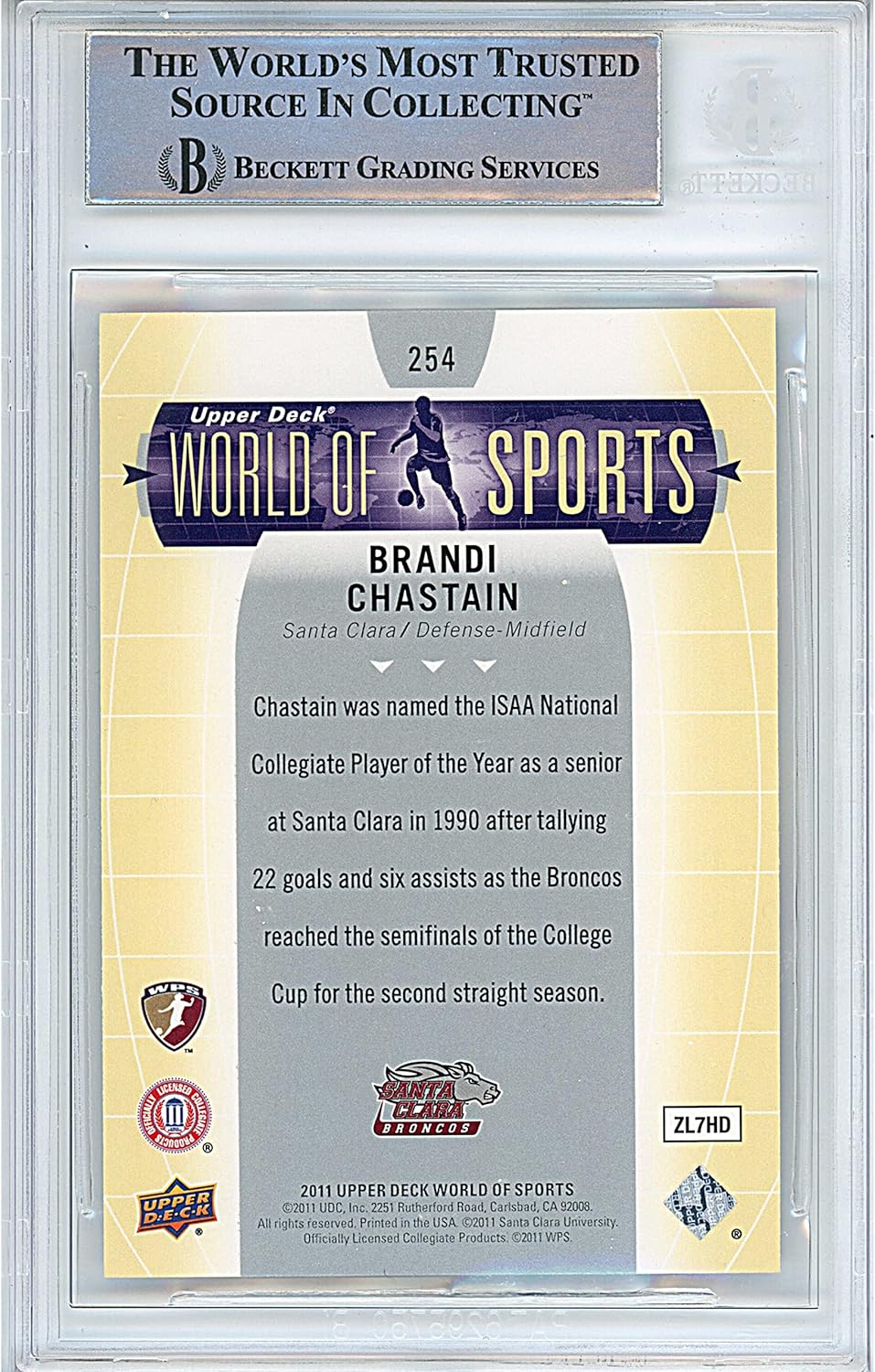 Brandi Chastain Autographed 2011 Upper Deck World of Sports #254 Soccer Trading Card Slab Beckett BAS Slabbed COA Played For USWNT Team USA Santa Clara Broncos