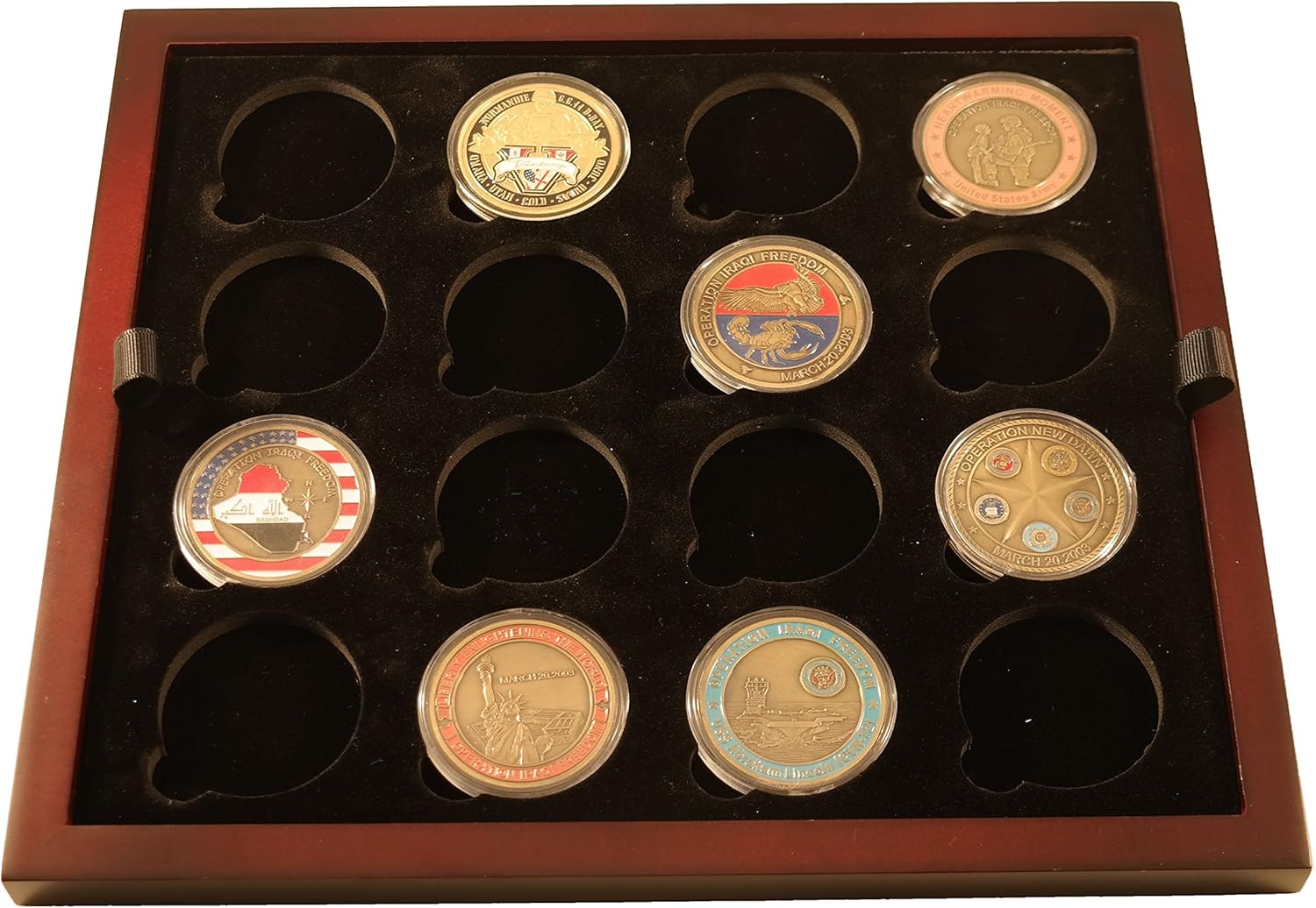 Coin Tray for 16 Large or Air-Tite "H" Capsules / Challenge Coins fits in Mahogany Finish Wood Display Case