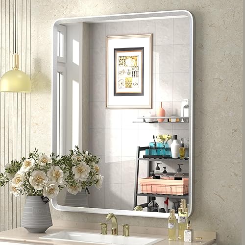 Espejo plateado cepillado de 28 x 36 pulgadas para baño, espejo de tocador con marco de metal plateado níquel con borde biselado, esquina redonda,