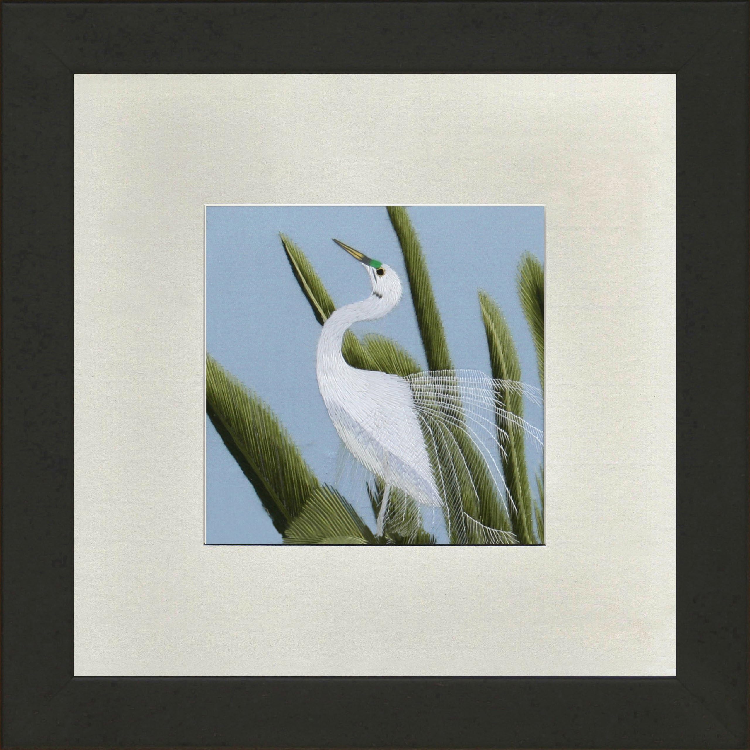 Susho, King Silk Art 100% Handmade Silk Embroidery - Egret Watching the Sky - White Mat framed Regular Size 11057WF