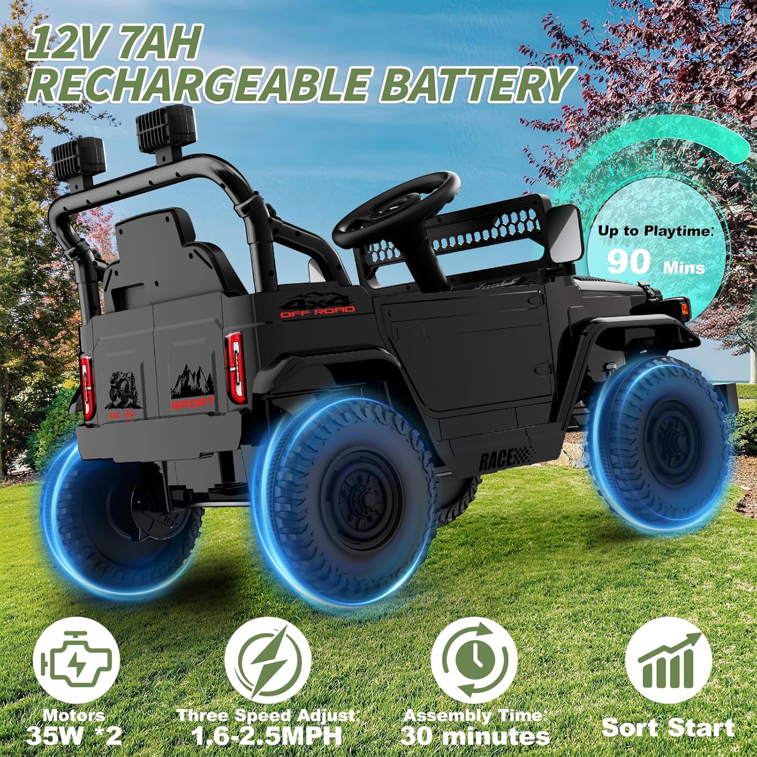 12V 7Ah Ride On Car with Remote Control for Boys, Outdoor Kids Electric Car Toys for Toddlers 1-3, 3 Speeds,Battery Powered,Spring Suspension,LED Lights,Music (Black)