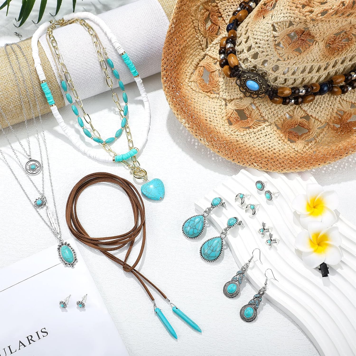 Unittype 14 Pcs Cowgirl Accessory Set Woven Straw Cowboy Hat with Cowboy Hat Band Bohemian Turquoise Jewelry for Woman - Image 6