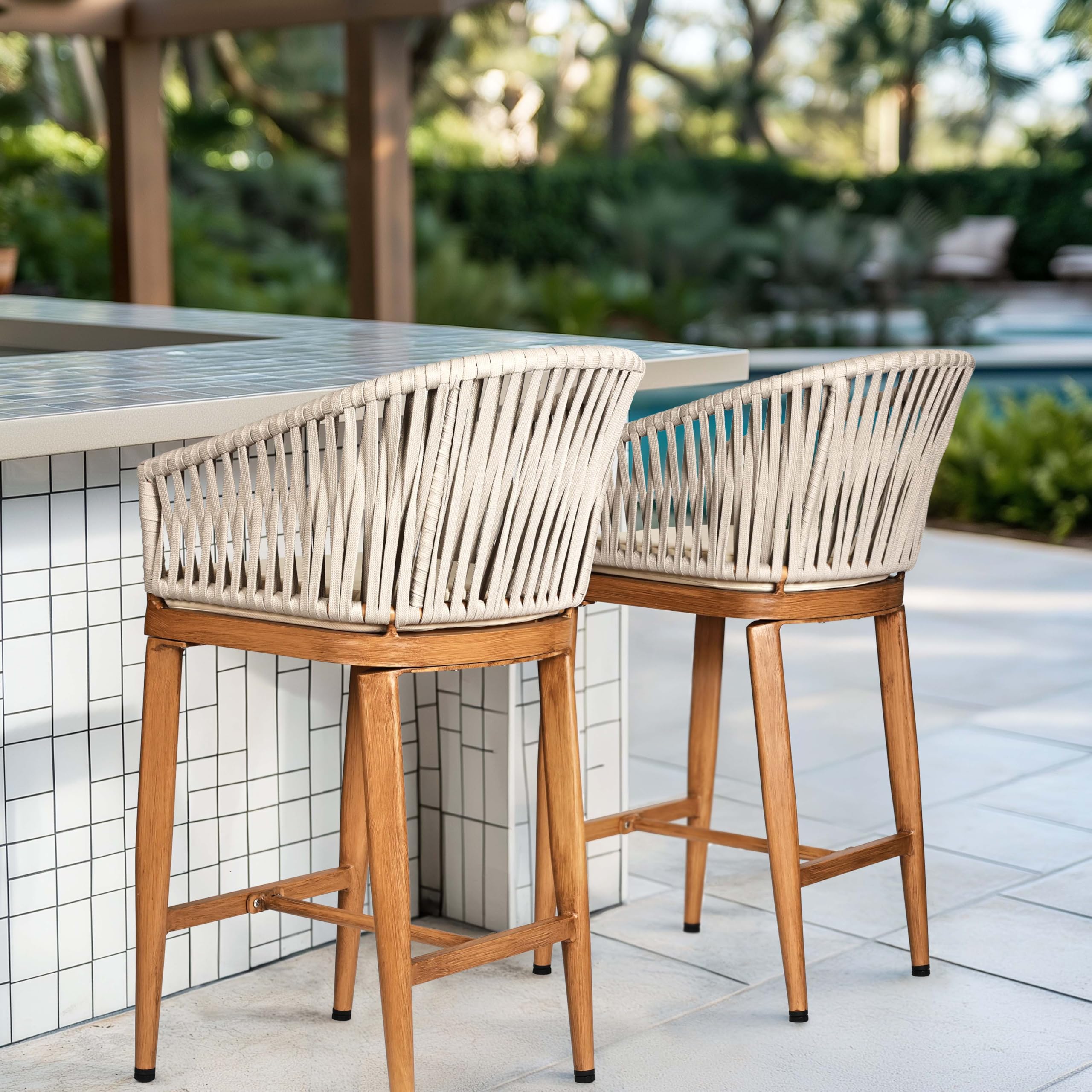 knocetx 25 Inch Outdoor Counter Height Bar Stools Set of 2, Woven Back Counter Bar Chairs with Cushion, Aluminum Boho Counter Height Barstools for