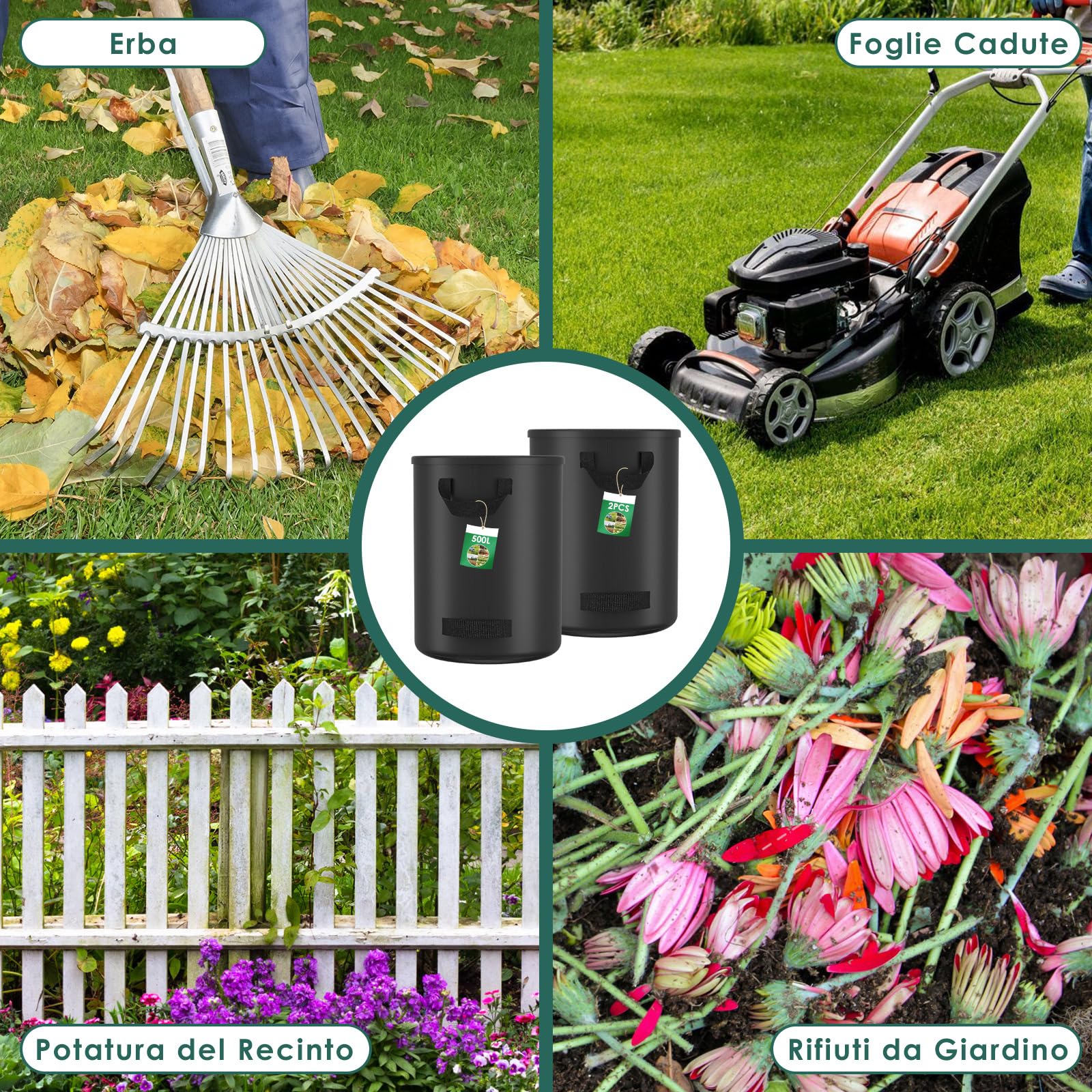 2X 500L Sacchi Giardinaggio, Sacchi per Rifiuti da Giardino con 4 Maniglie, Autoportante, Impermeabile, Sacco Raccogli Foglie Durevole Resistente alla Corrosione, Nero