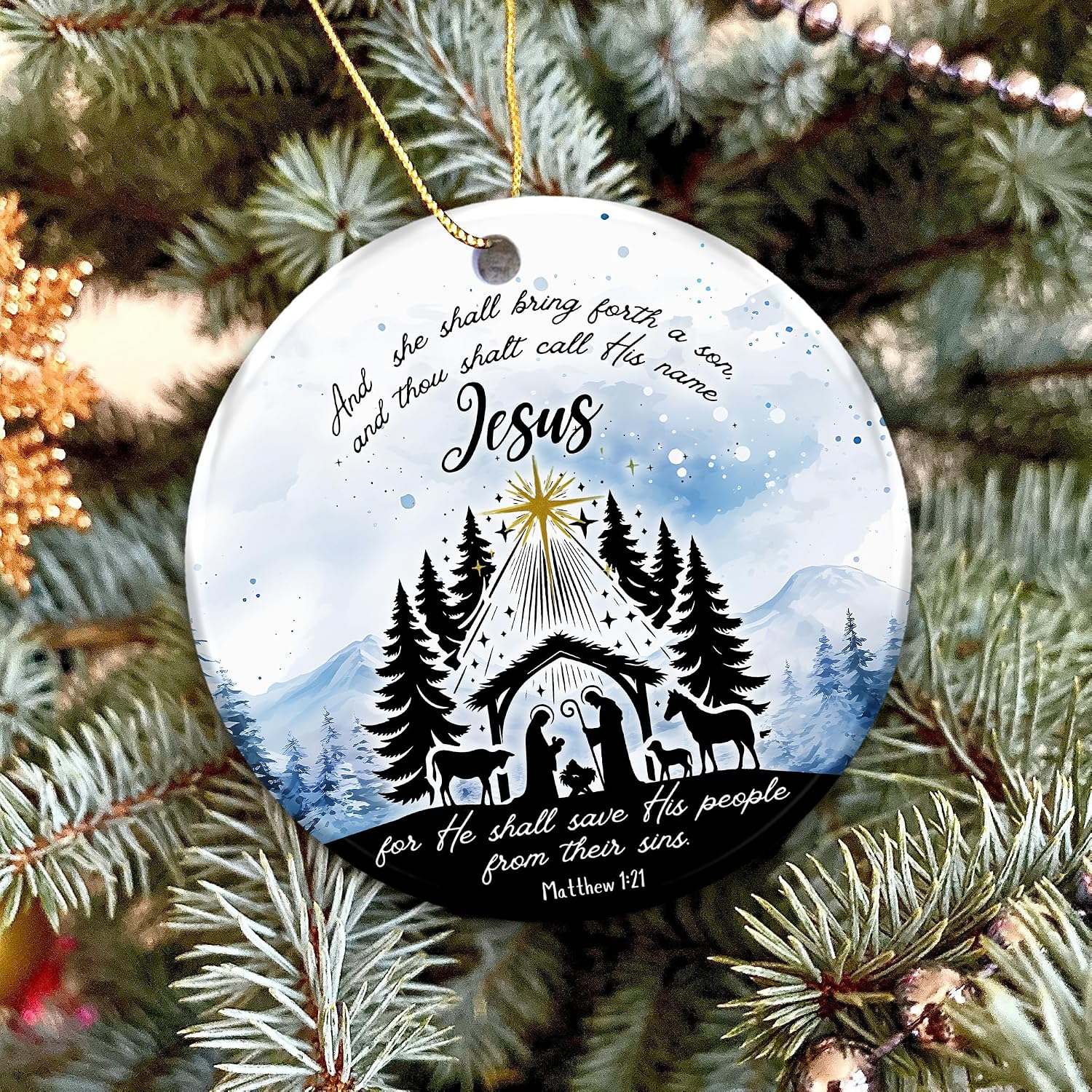 Condition photo showing New/Like New for christian nativity ornament – “and thou shalt call his name jesus” matthew 1:21 – religious ceramic christmas ornament with holy family scene, scripture verse, and faith-based holiday décor & gift