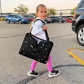 MENZOKE Kids Travel Tray, Road Trip Activities for Kids with Dry Erase Board & Cooler Cup Holder, Toddler Car Activities with No-Drop iPad Holder Stand, Roadtrip Essentials for Toddlers, Black