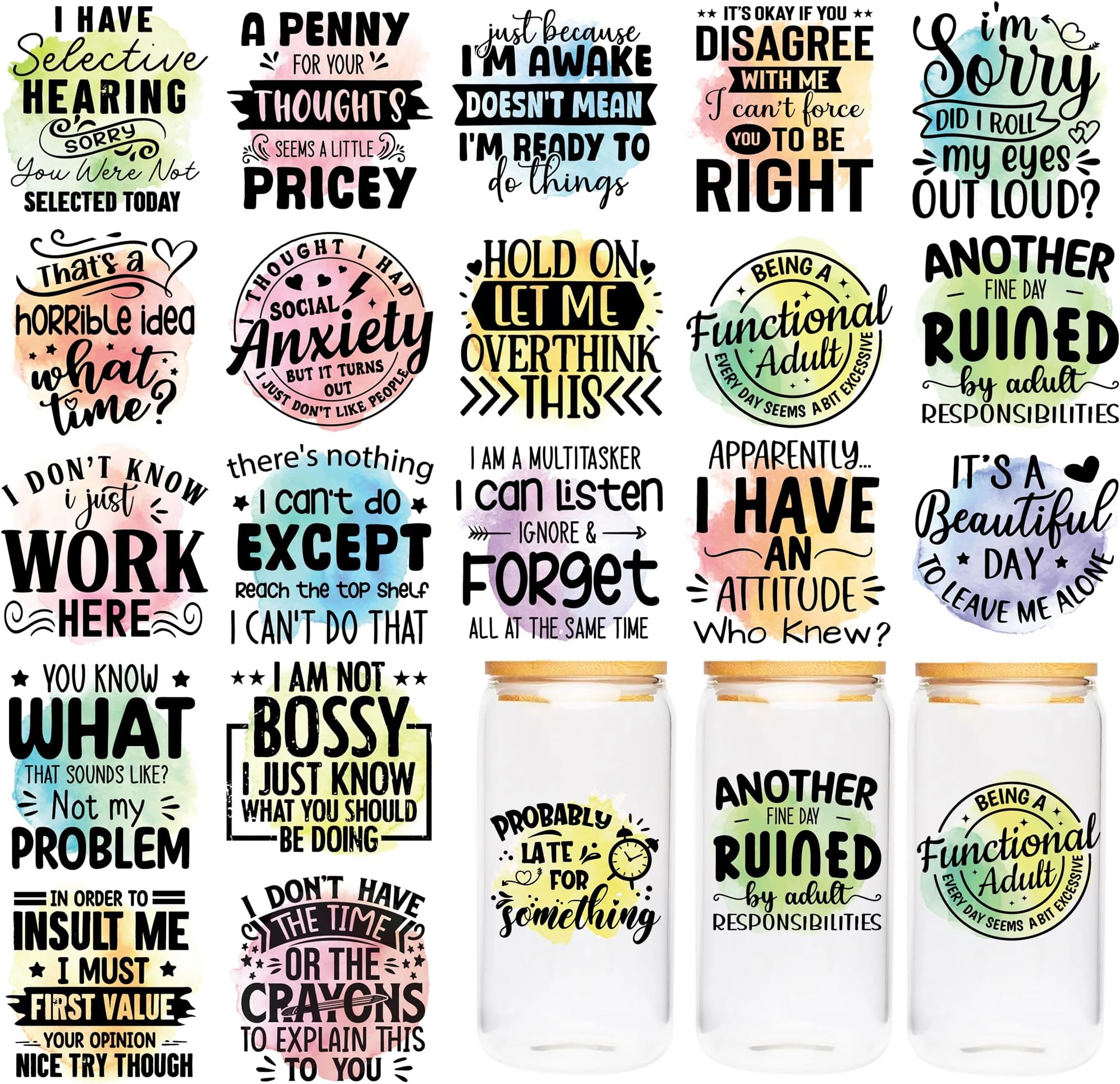 24 Sheets Funny UV DTF Cup Wraps – Sarcastic Quote Stickers For 16 Oz Tumblers, Water Bottles, DIY Crafts (Waterproof, Easy Peel & Stick)